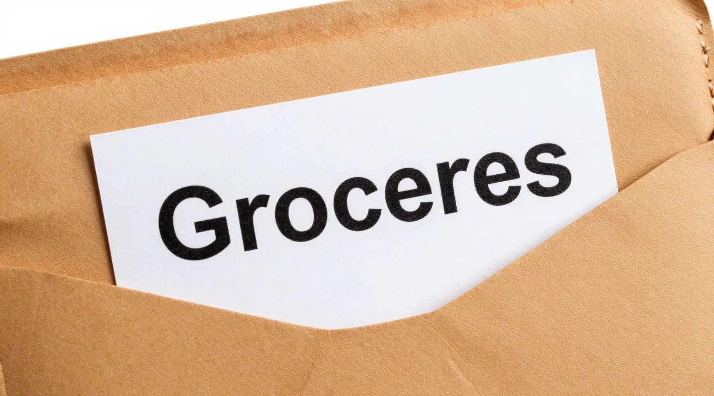 closeup of leather cash envelope labeled groceries