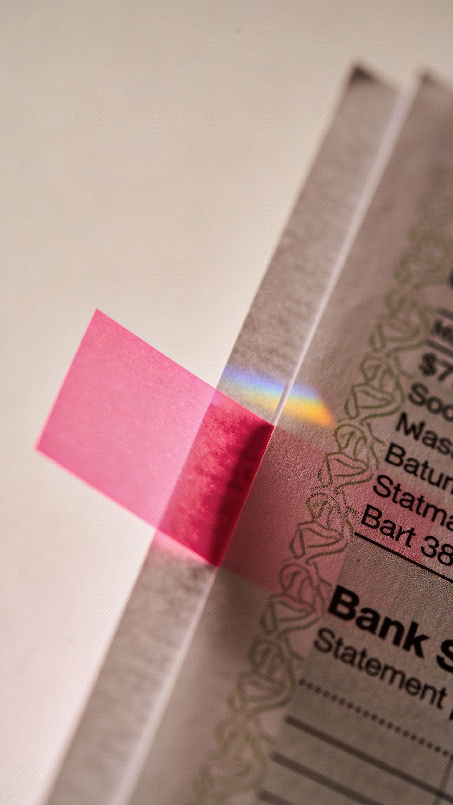 closeup of highlighted bank statement page with neon sticky tab