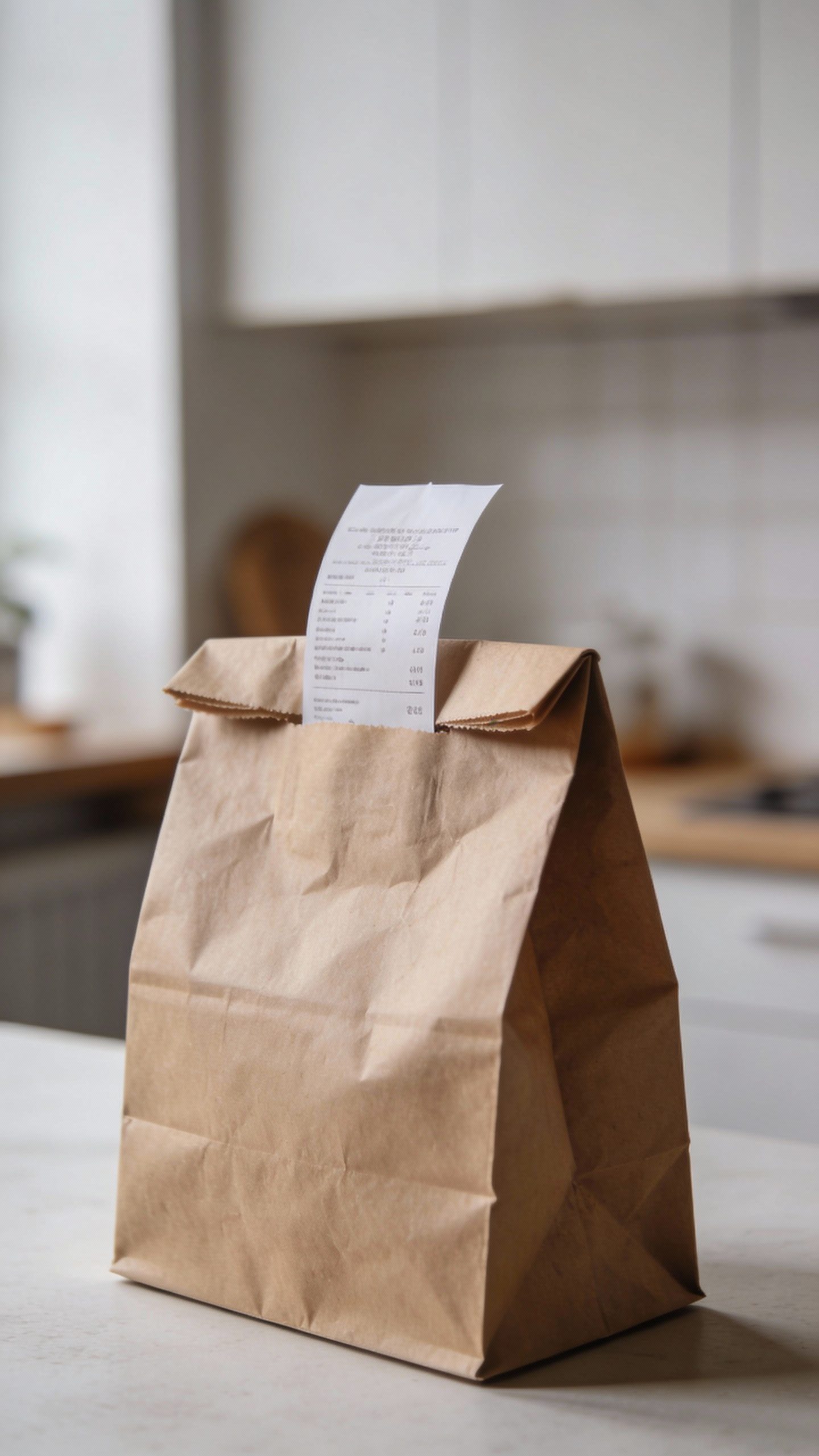 brown paper grocery bag receipt protruding, on neutral backdrop