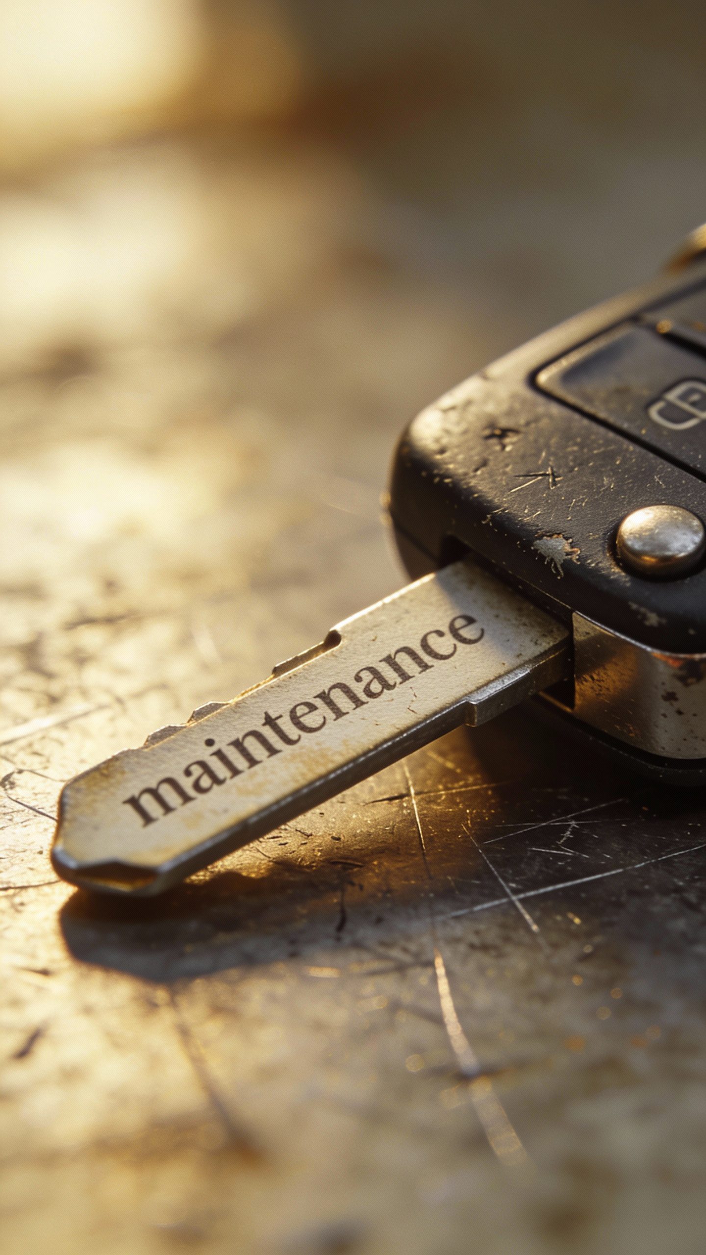 closeup of worn car key fob labeled “maintenance” on key tag