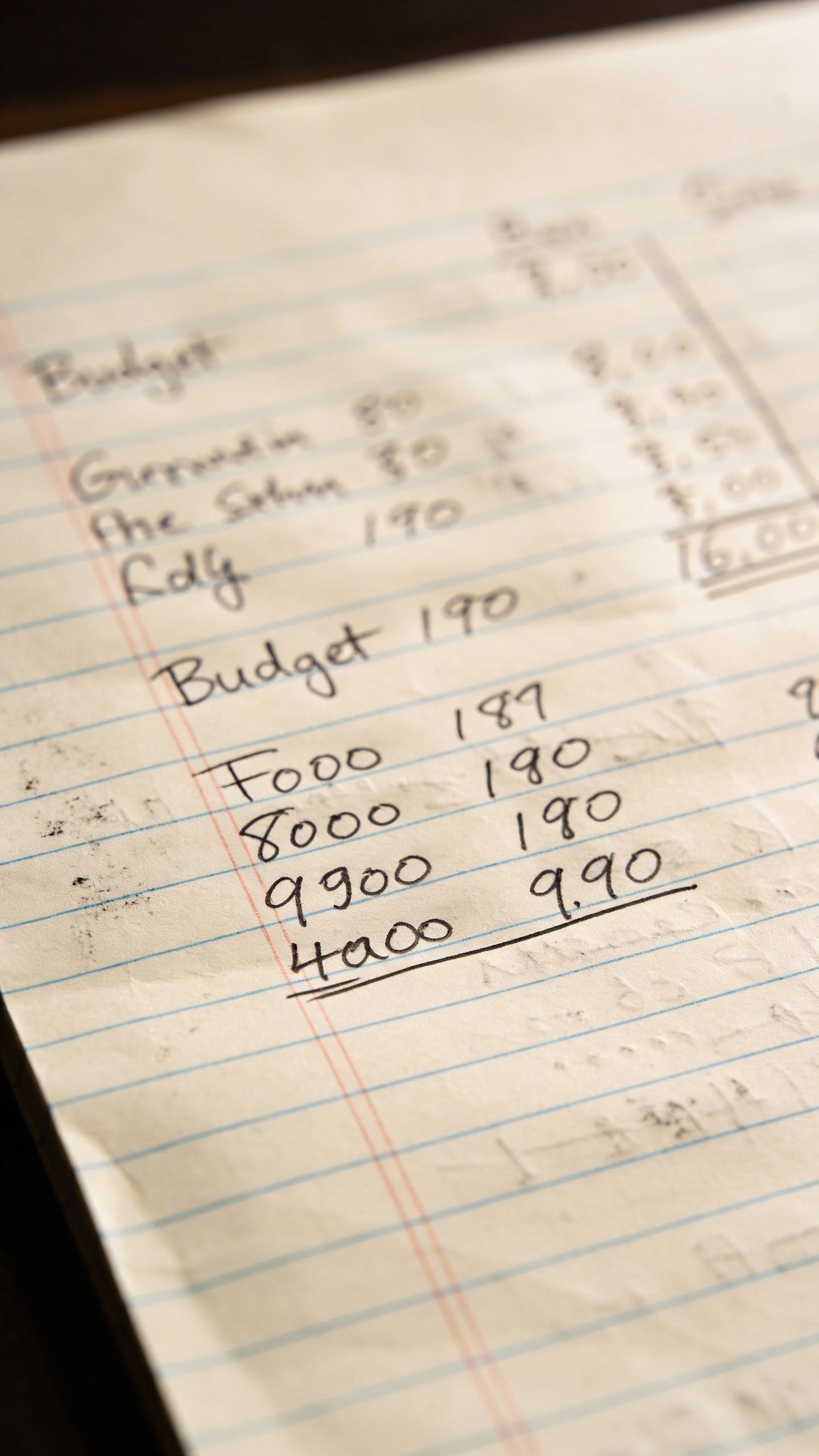 closeup of handwritten one-page budget on lined paper