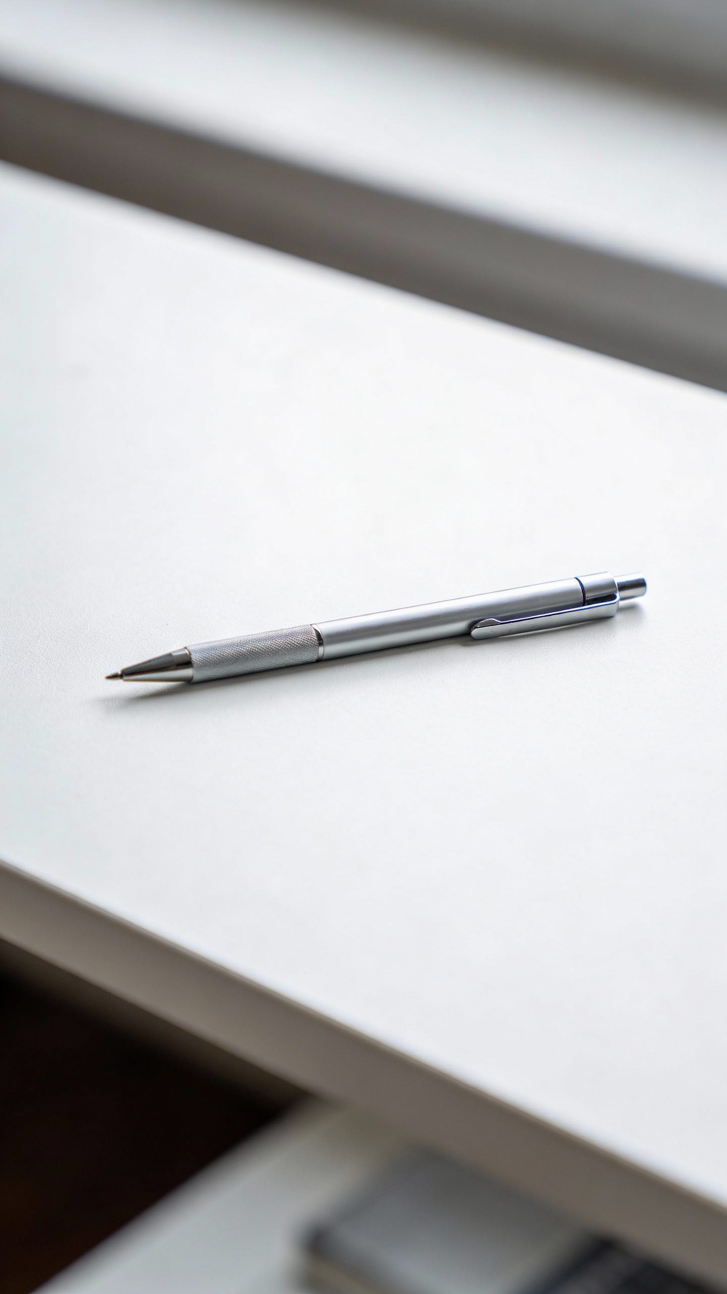 single ballpoint pen on minimal white desk