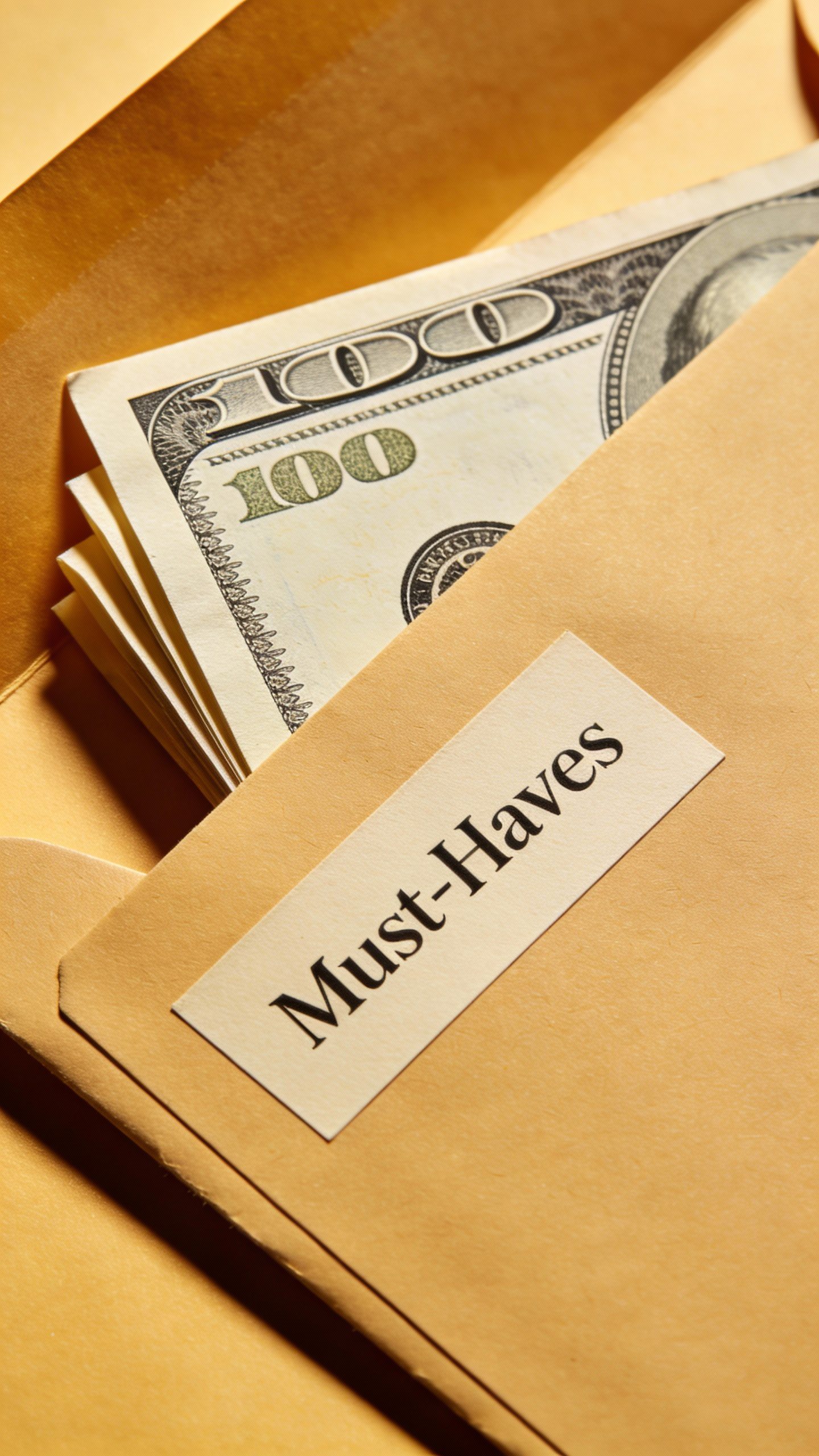 closeup of labeled “Must-Haves” envelope with crisp cash