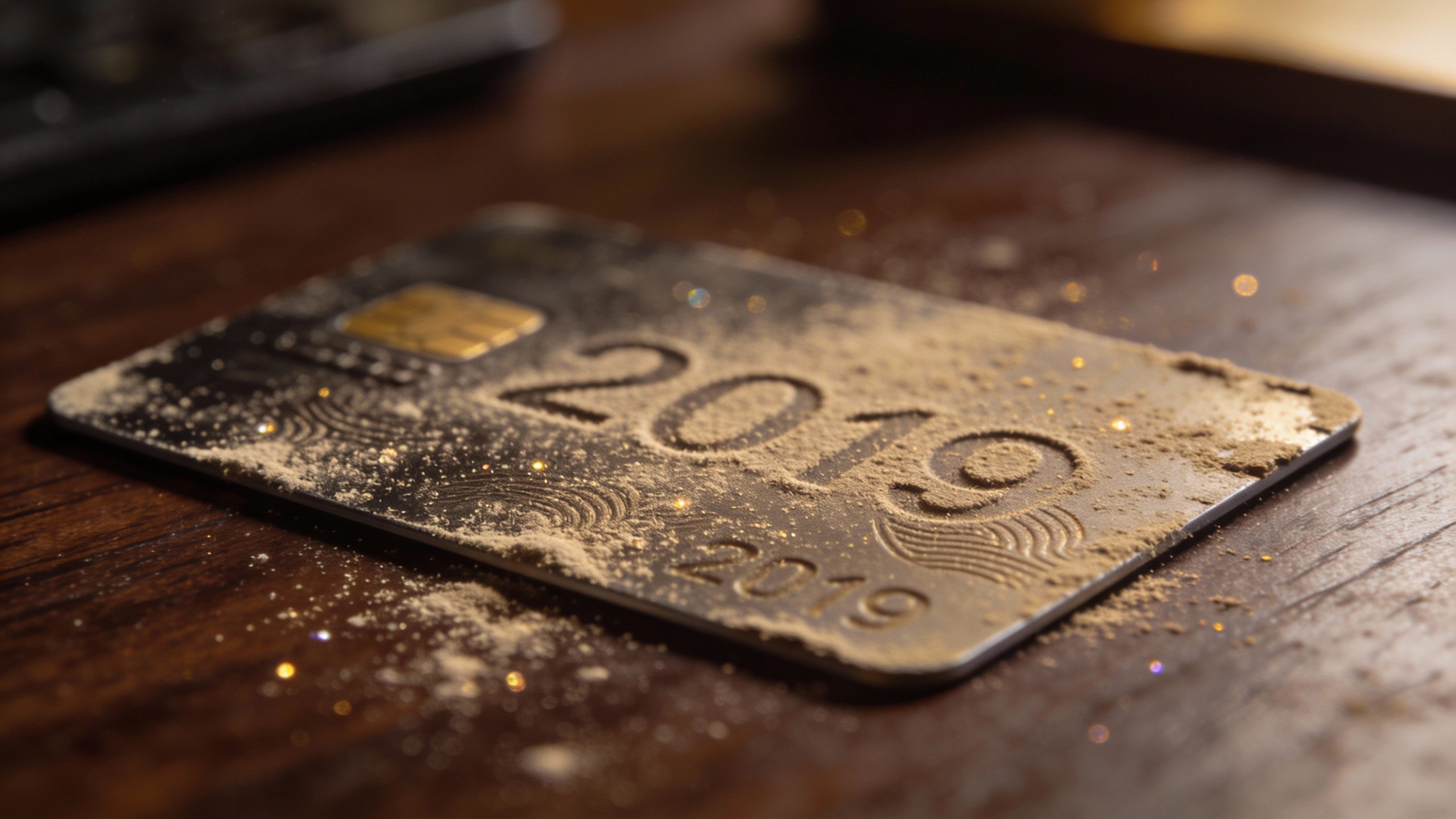 single credit card with 2019 dust on dark desk