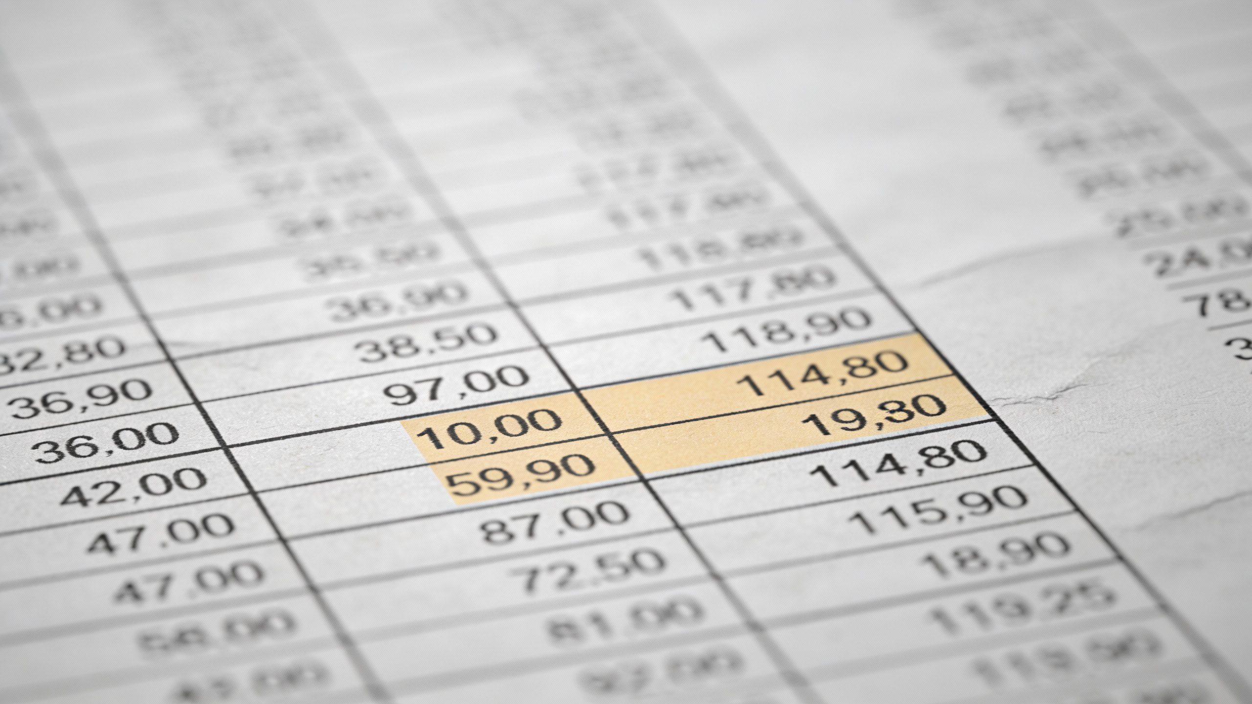 spreadsheet printout with highlighted minimum payments, macro shot