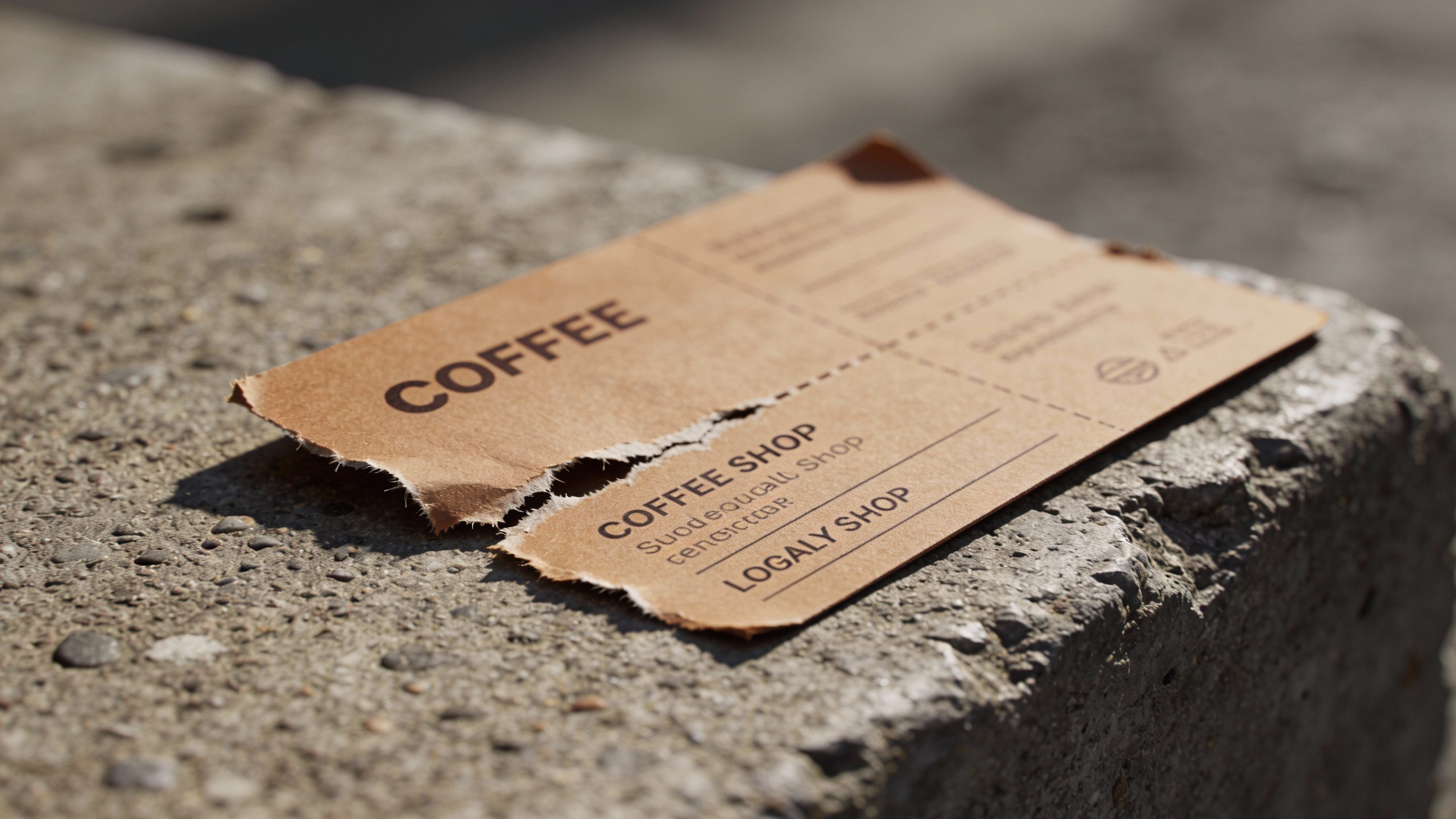 torn coffee shop loyalty card on concrete, macro shot