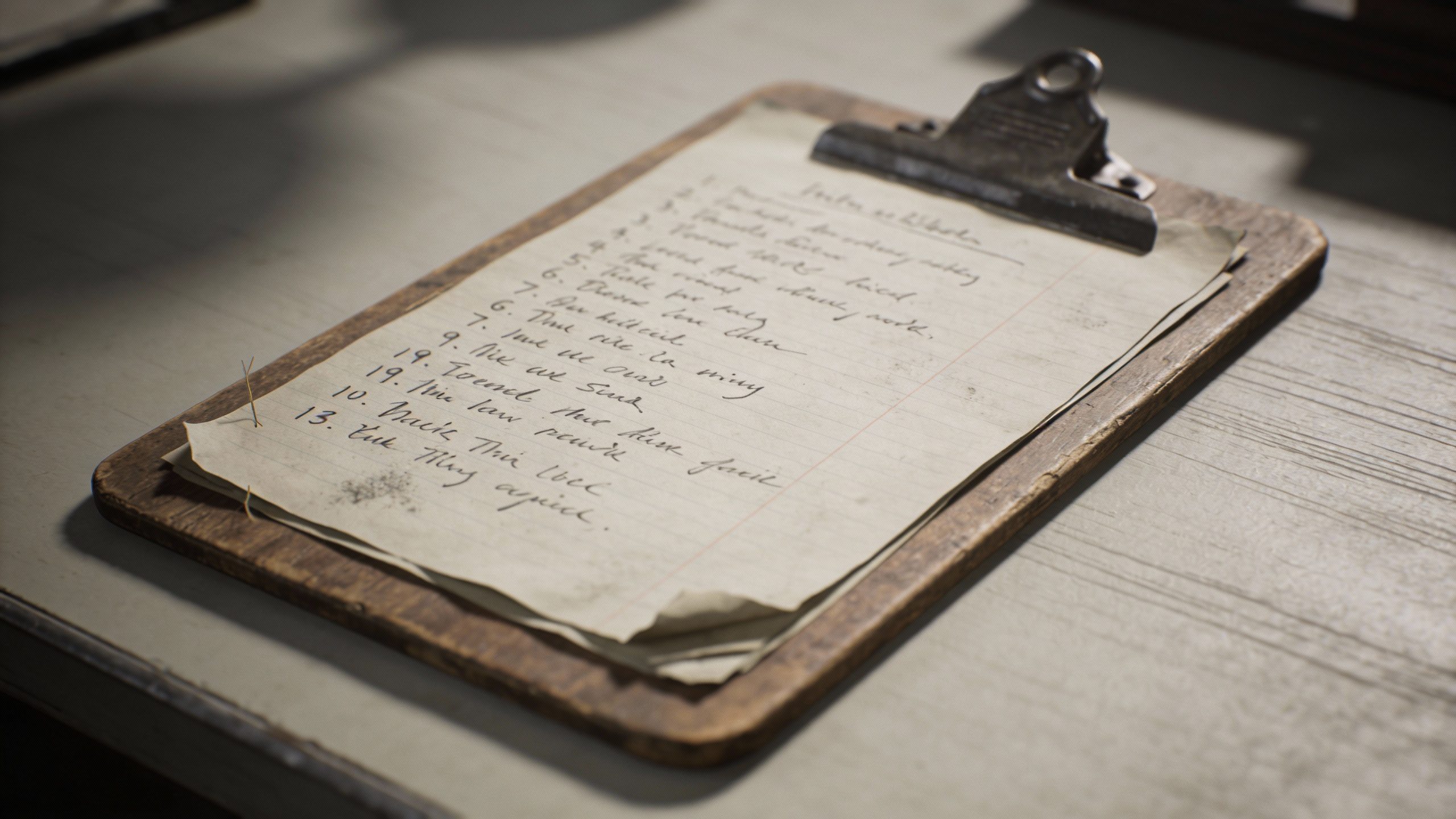 closeup of handwritten debt list on clipboard, neutral desk