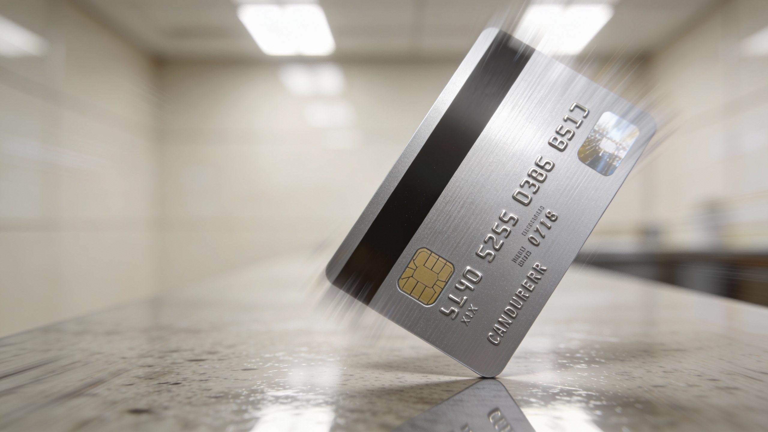 **Closeup of a credit card mid-swipe on a glossy counter**