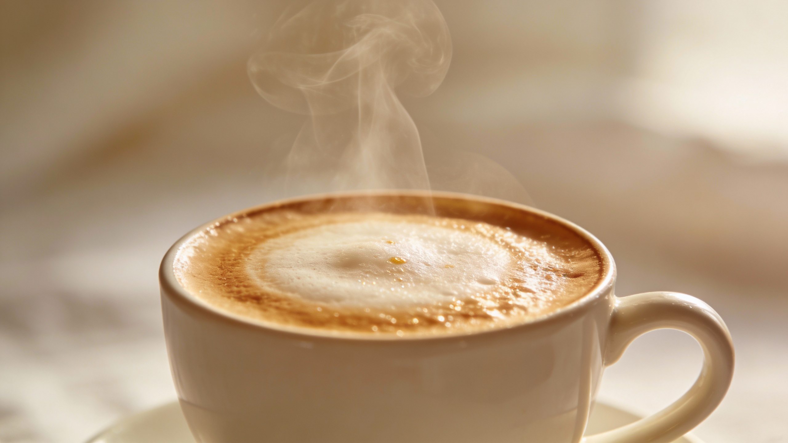 **Single steaming latte in a white ceramic cup**