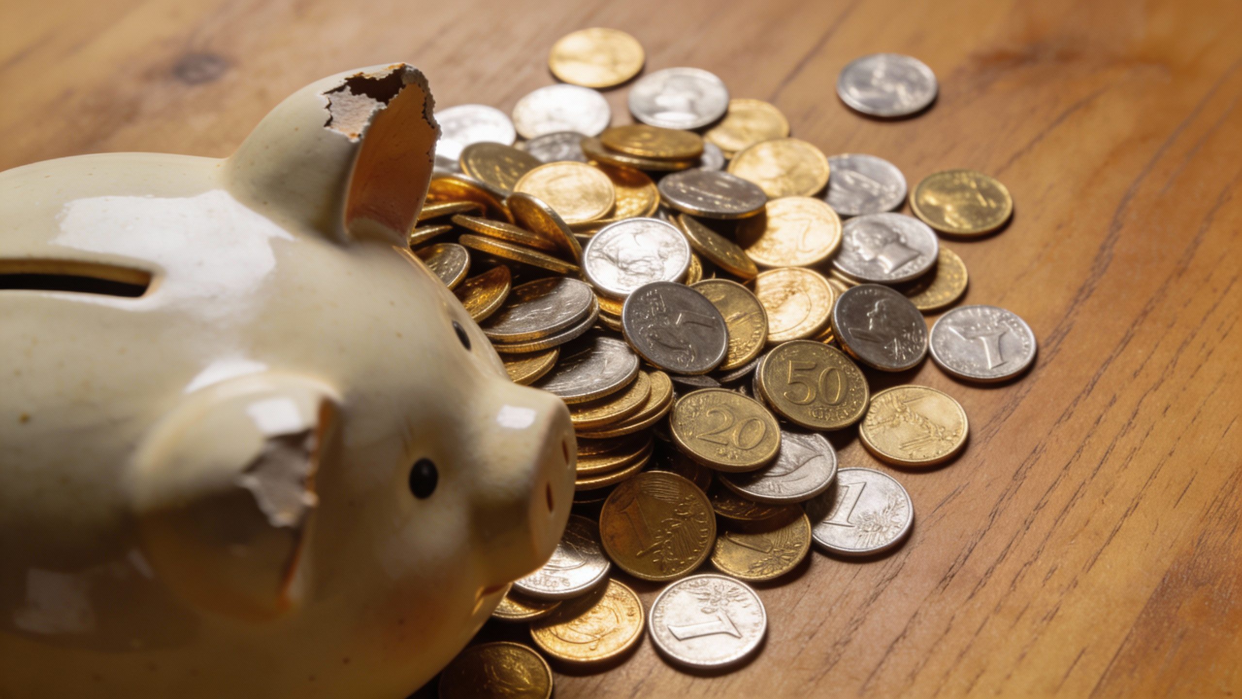 **Closeup of a piggy bank with coins spilling out**  Each prompt is focused, single-subject, and tied directly to the article's themes of spending guilt and financial mindfulness.