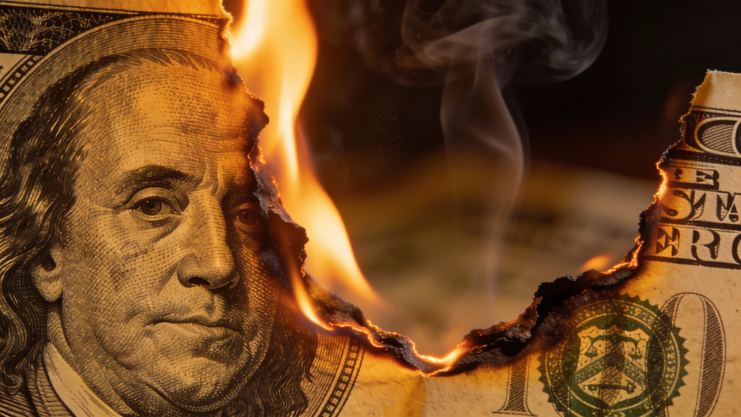 **Closeup of a burning dollar bill edge**