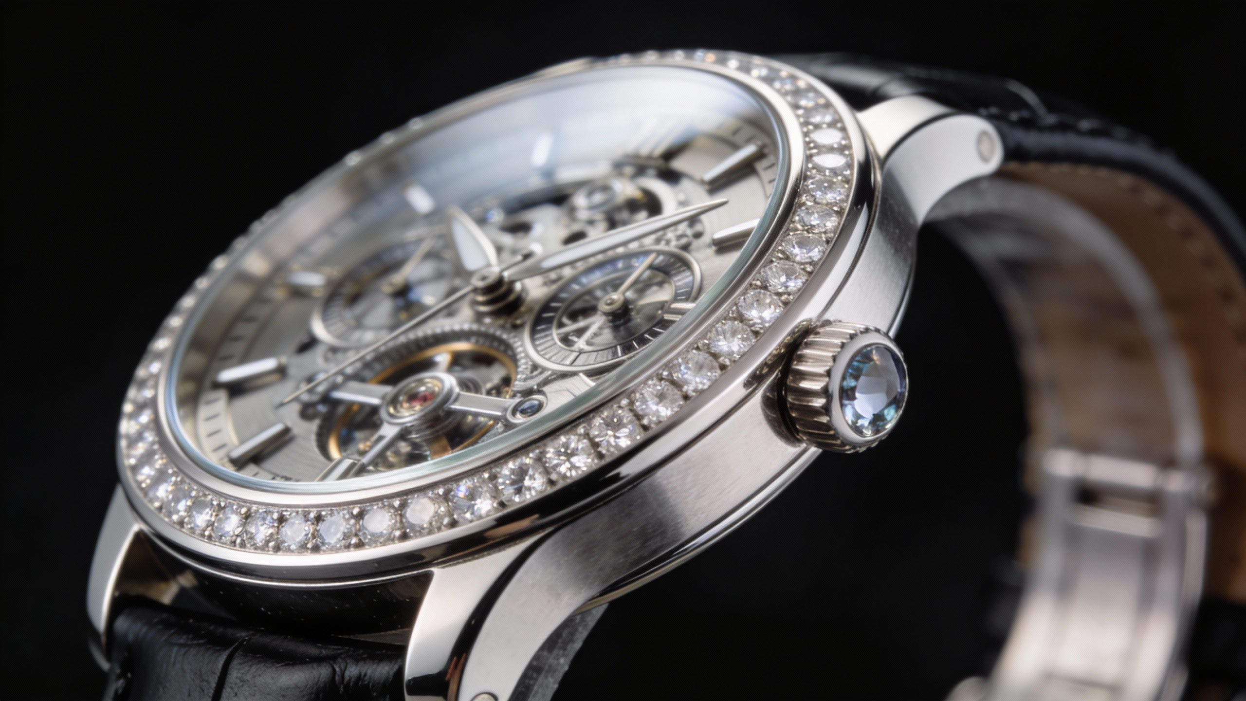 **Closeup of a luxury watch on a black backdrop**