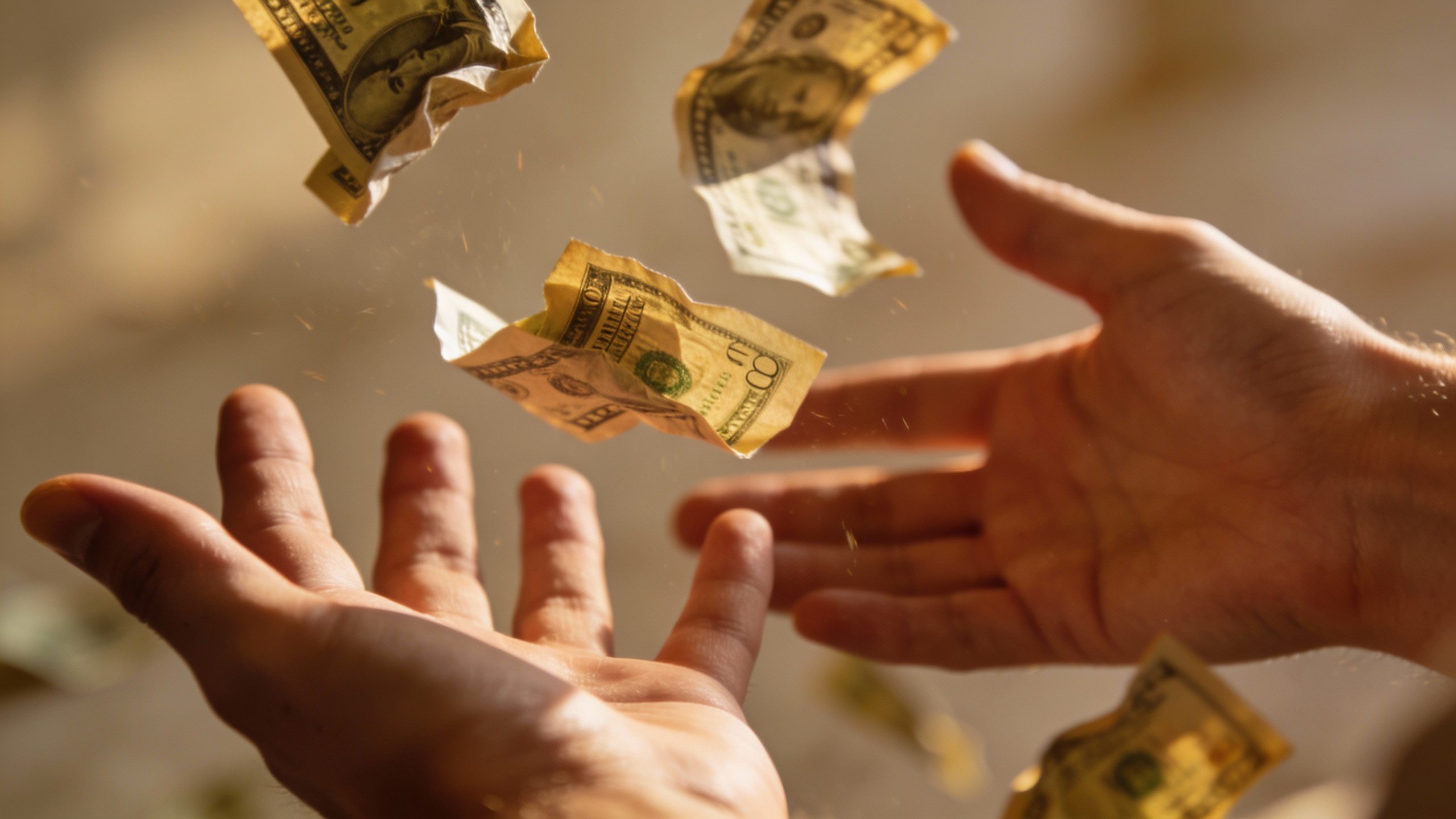 **Closeup of hands releasing crumpled dollar bills** (symbolizing letting go of scarcity)