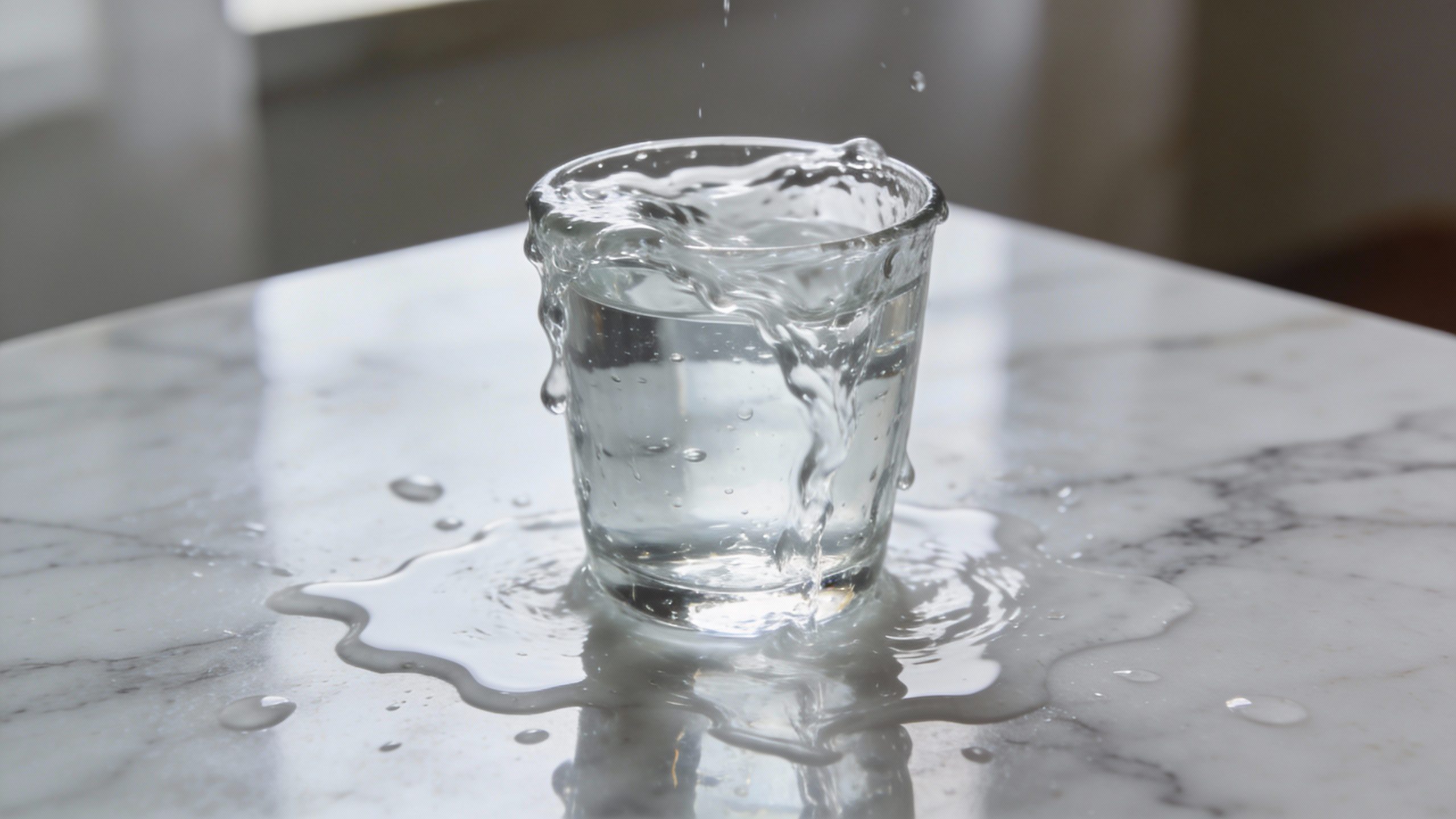 **Single overflowing glass of water on marble table** (representing abundance)
