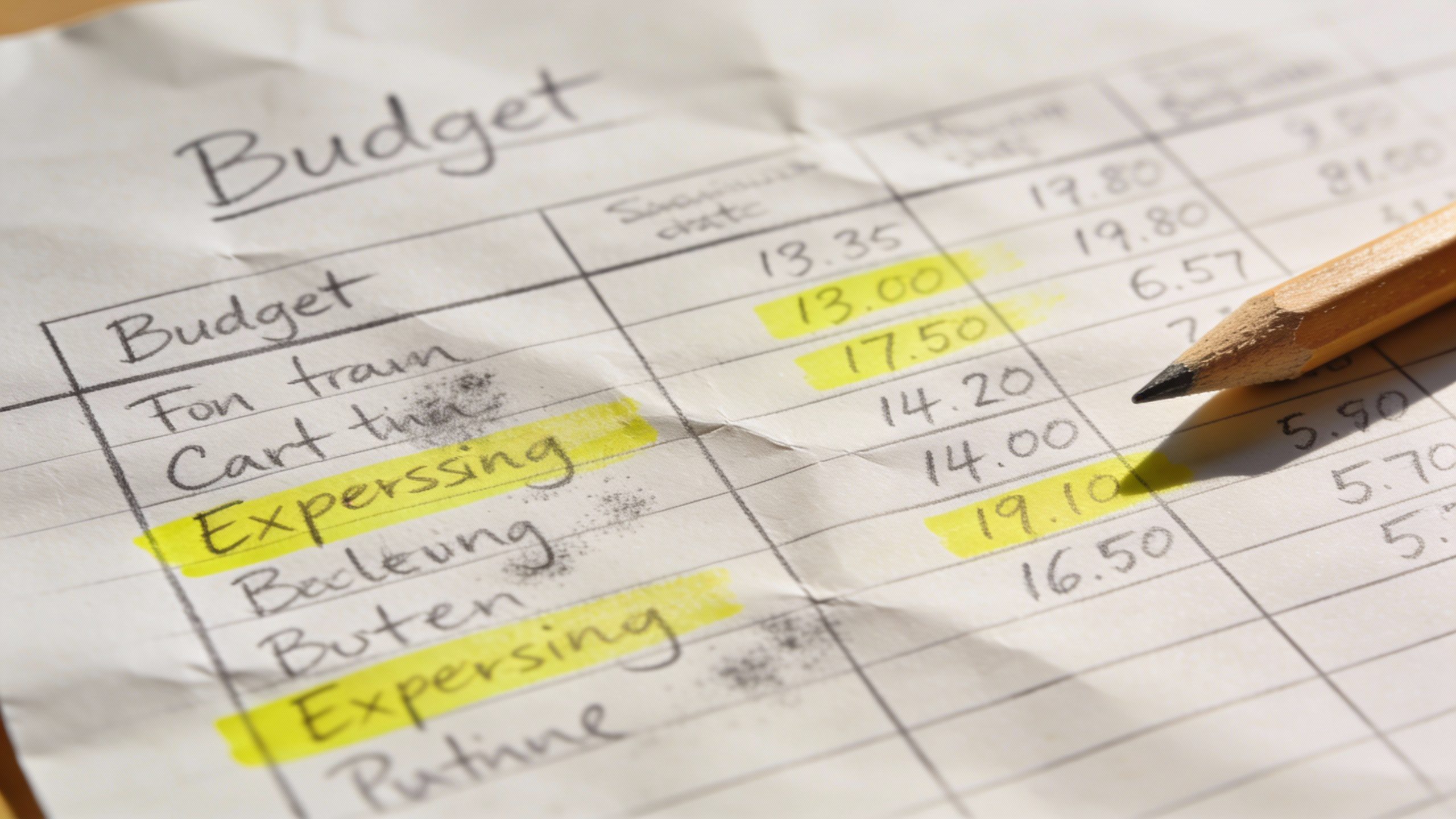 **Closeup of a handwritten budget spreadsheet with highlighted expenses**