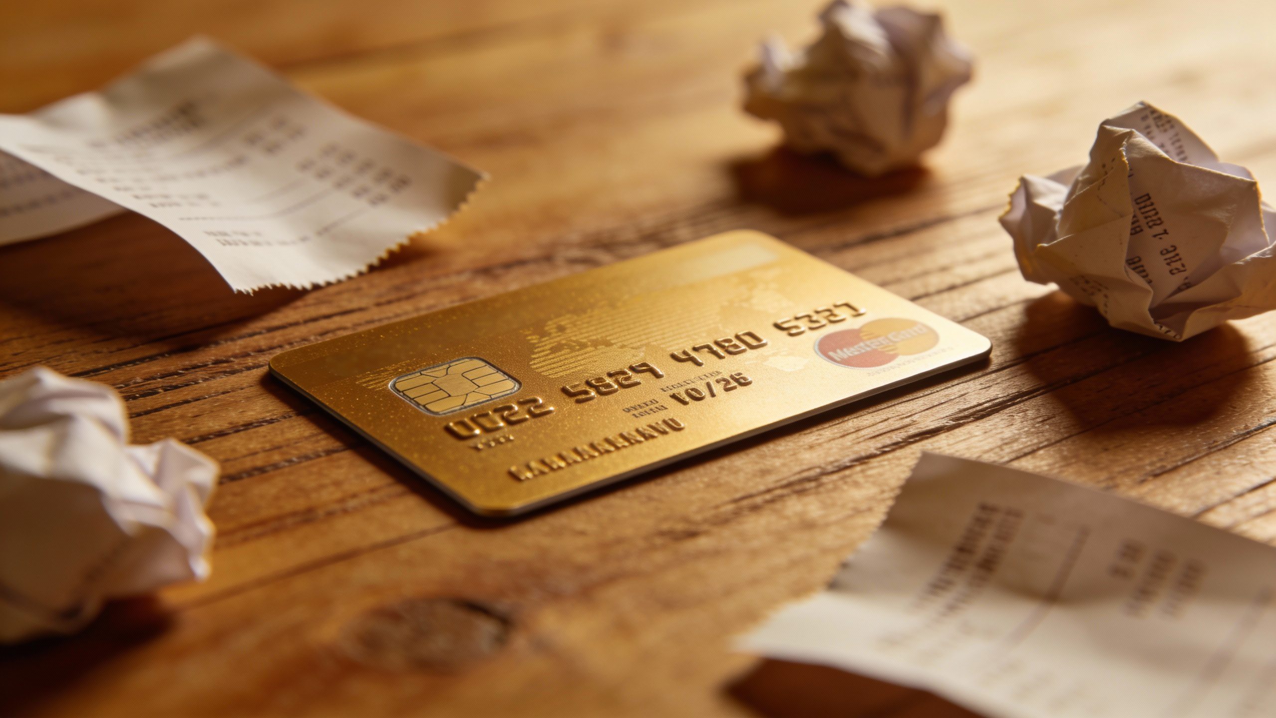**Closeup of a credit card on a wooden table with receipts scattered**