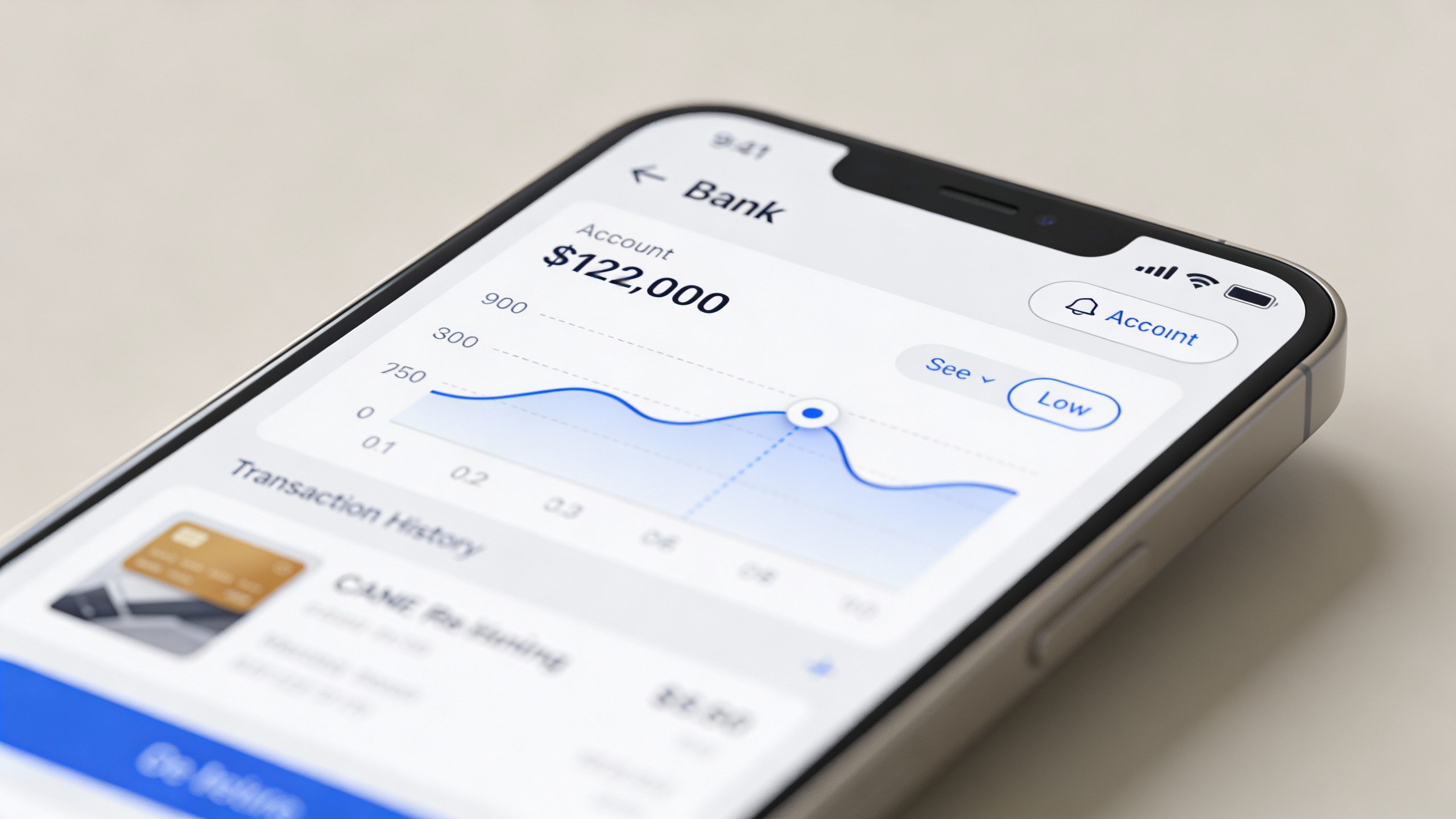 **Closeup of a smartphone displaying a banking app dashboard**