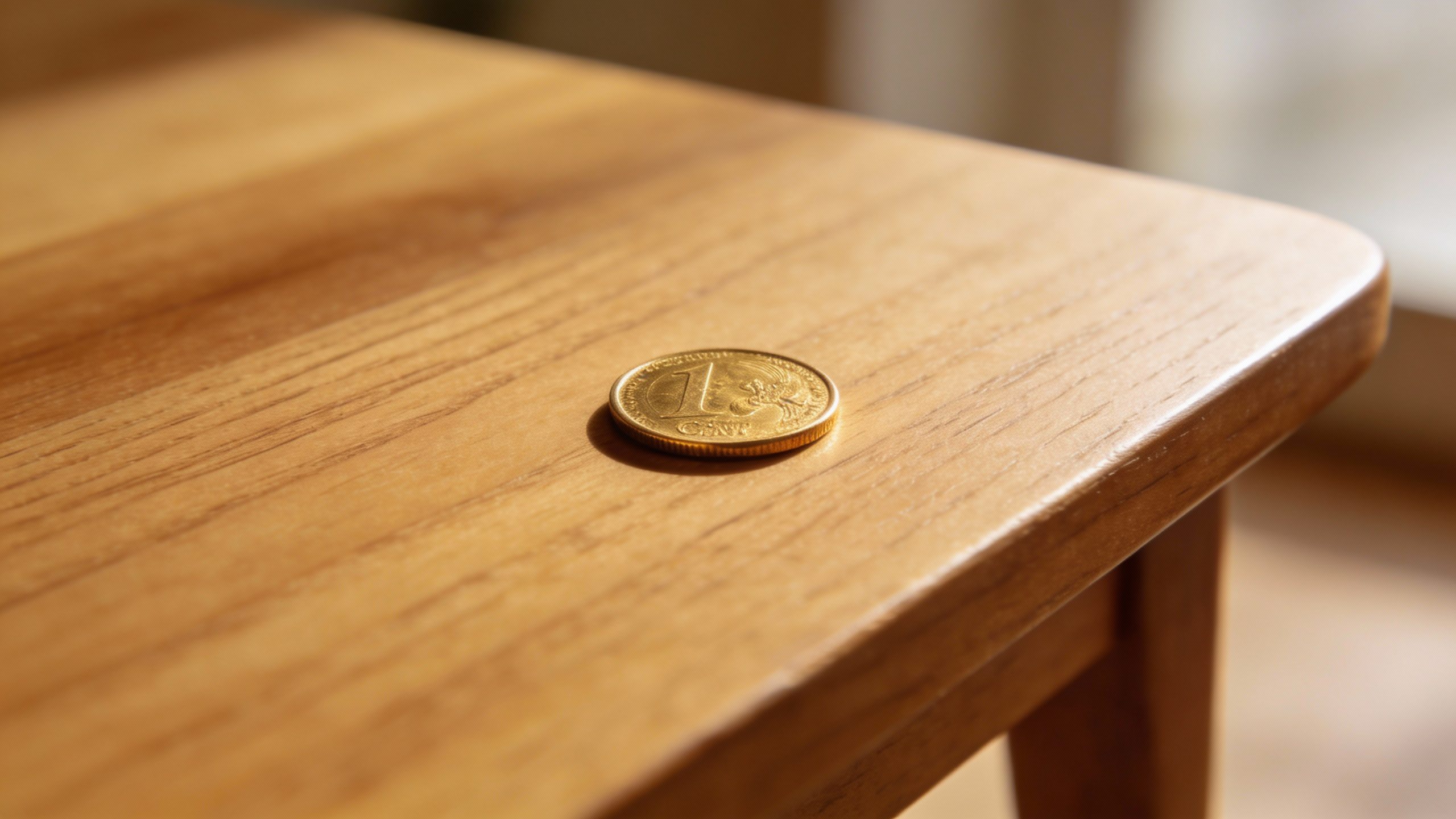 **Single gold coin on a minimalist wooden table**