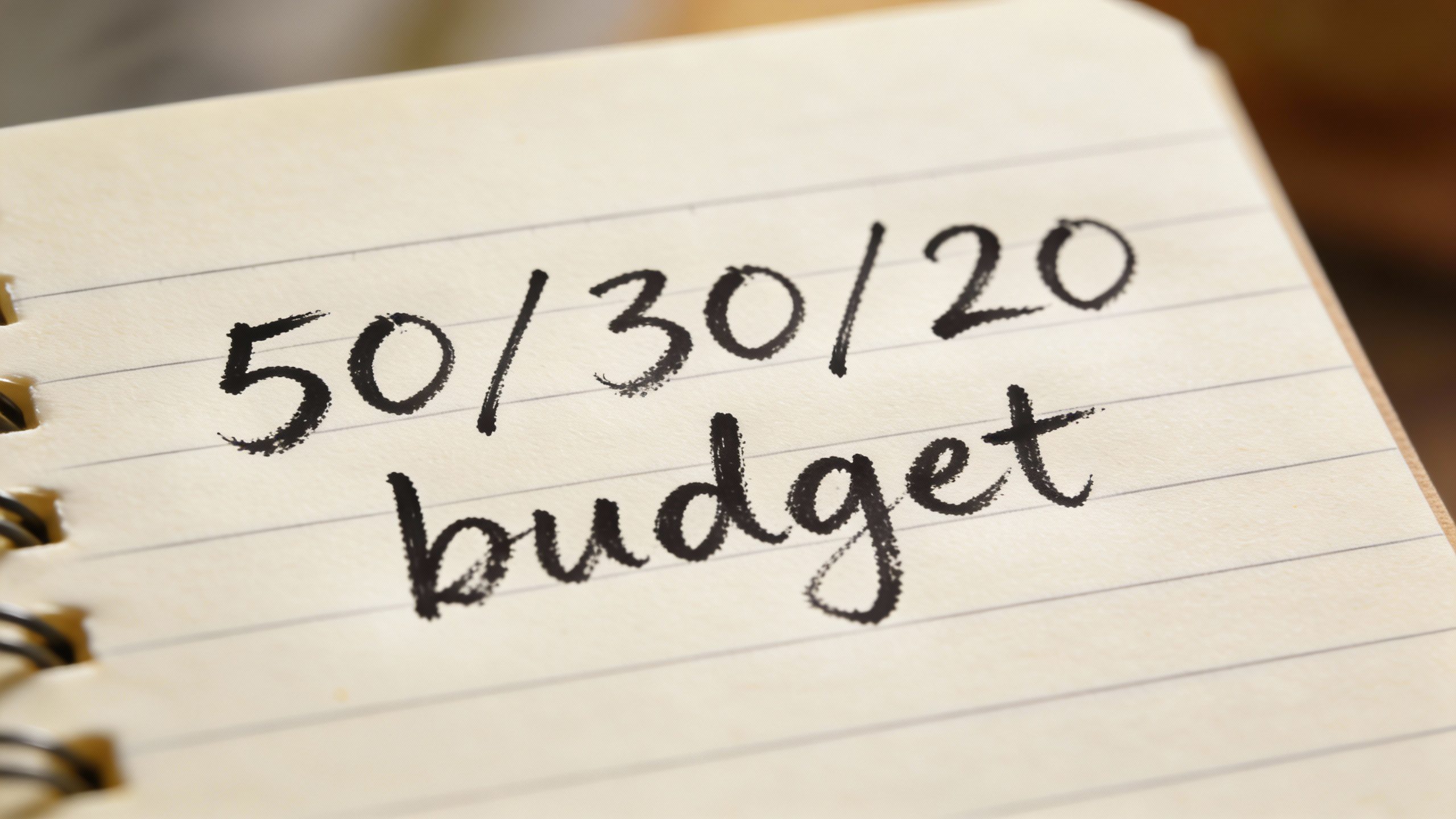 **Closeup of a handwritten 50/30/20 budget on notepad**