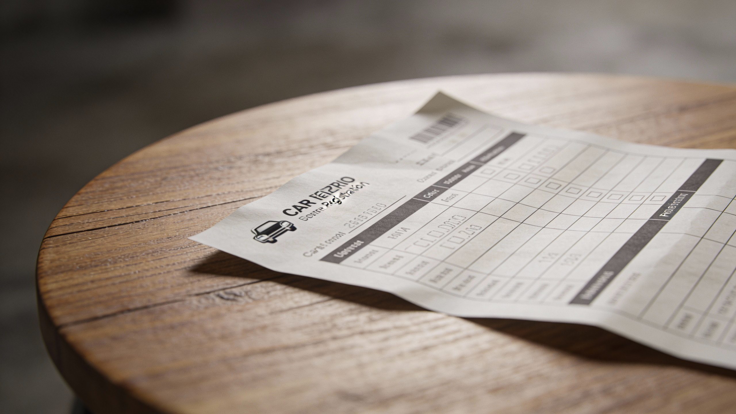 **Isolated car registration bill on a wooden table**