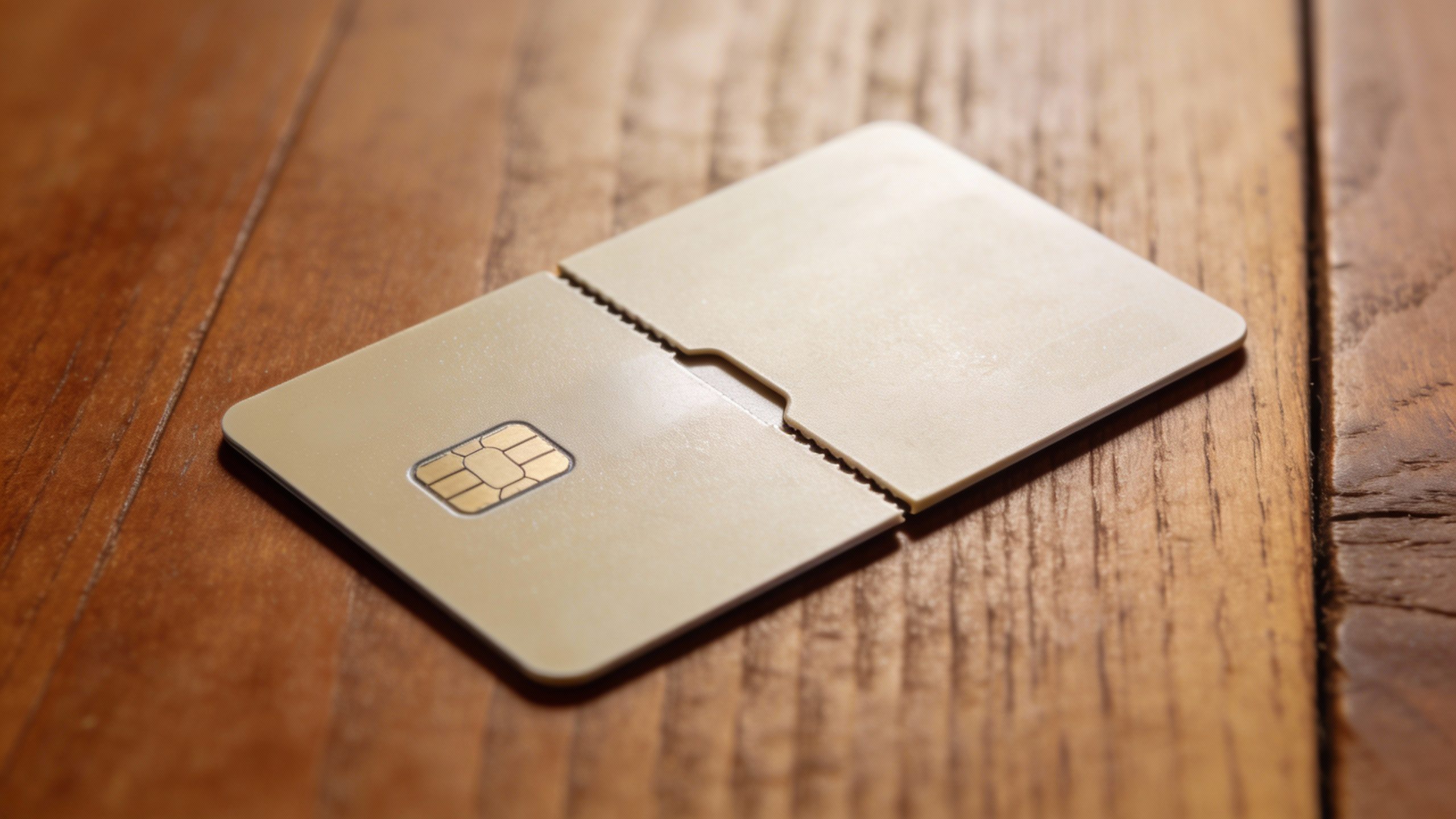 **Single credit card cut in half on a wooden table**