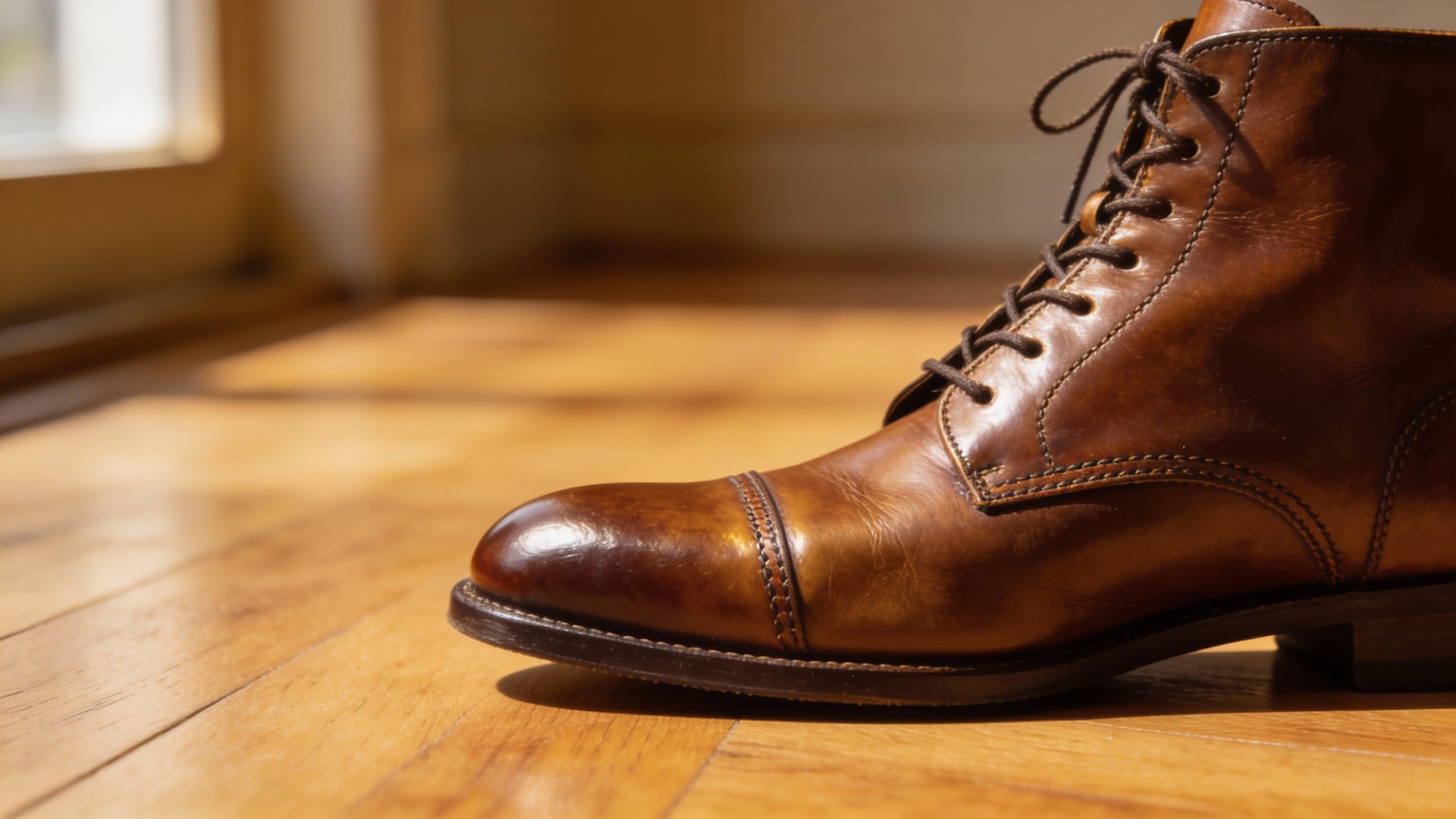 **Single pair of high-quality leather boots on hardwood floor**