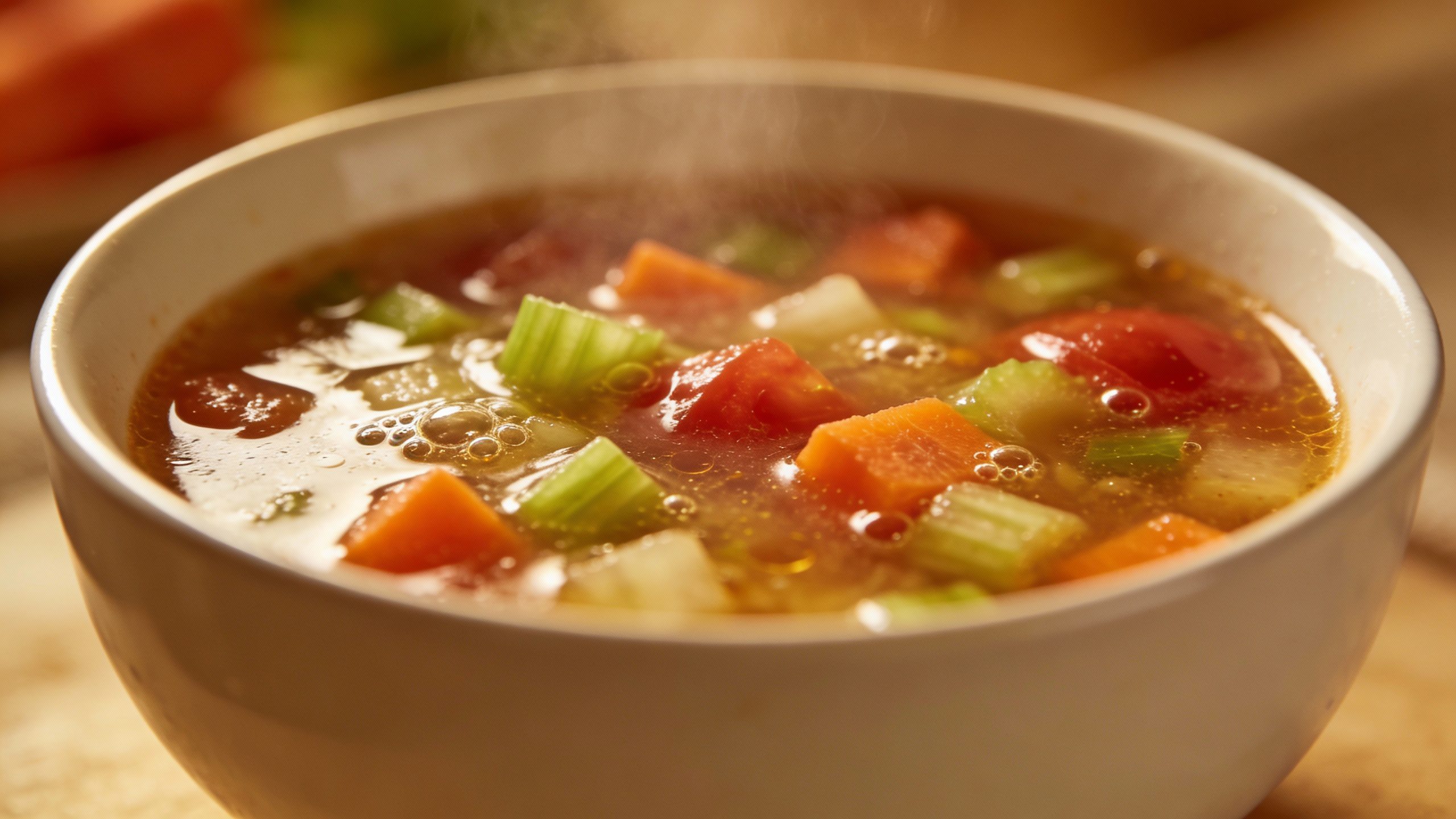 **Closeup of homemade vegetable soup in a white bowl**