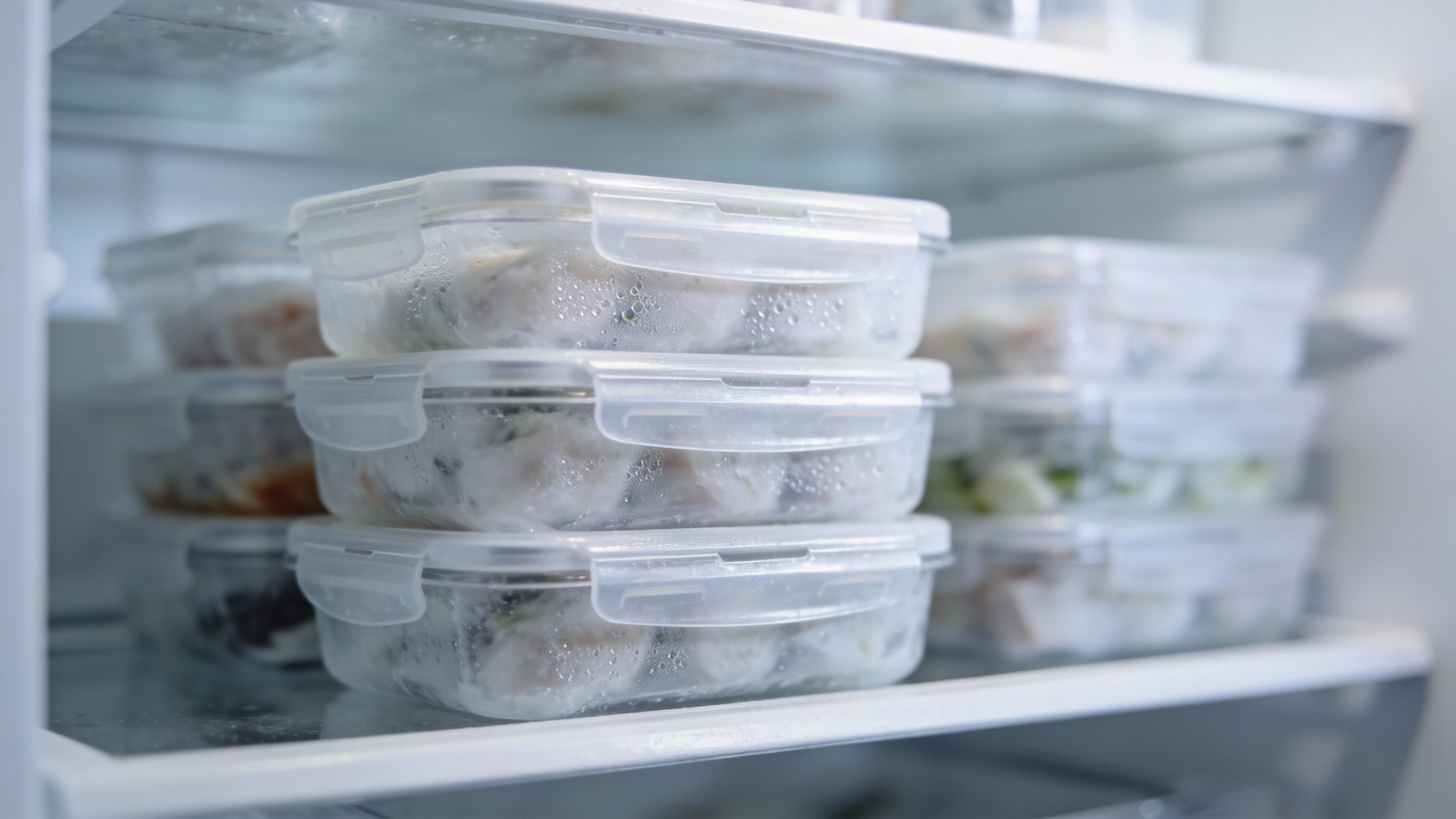 **Stack of labeled freezer meal containers in a fridge**  Each prompt is concise, focused on one subject, and directly tied to the frugal living tips in the article.