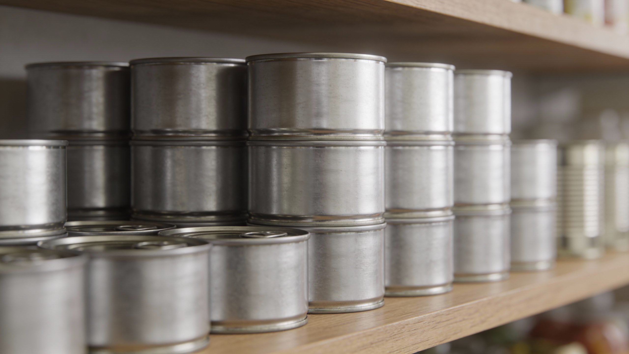 **Neat stack of store-brand canned goods on shelf**