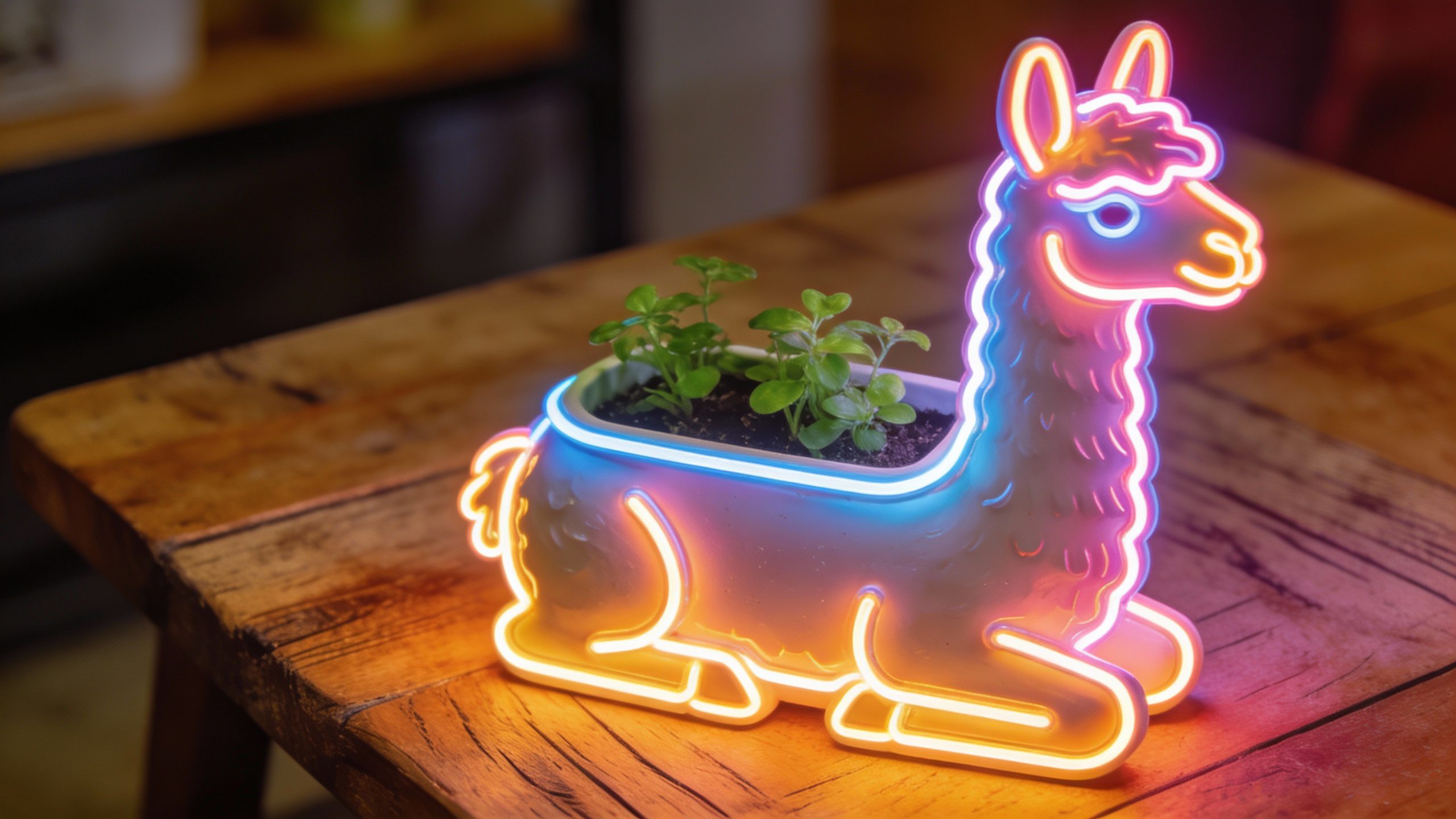 **Neon llama-shaped planter on a wooden table**