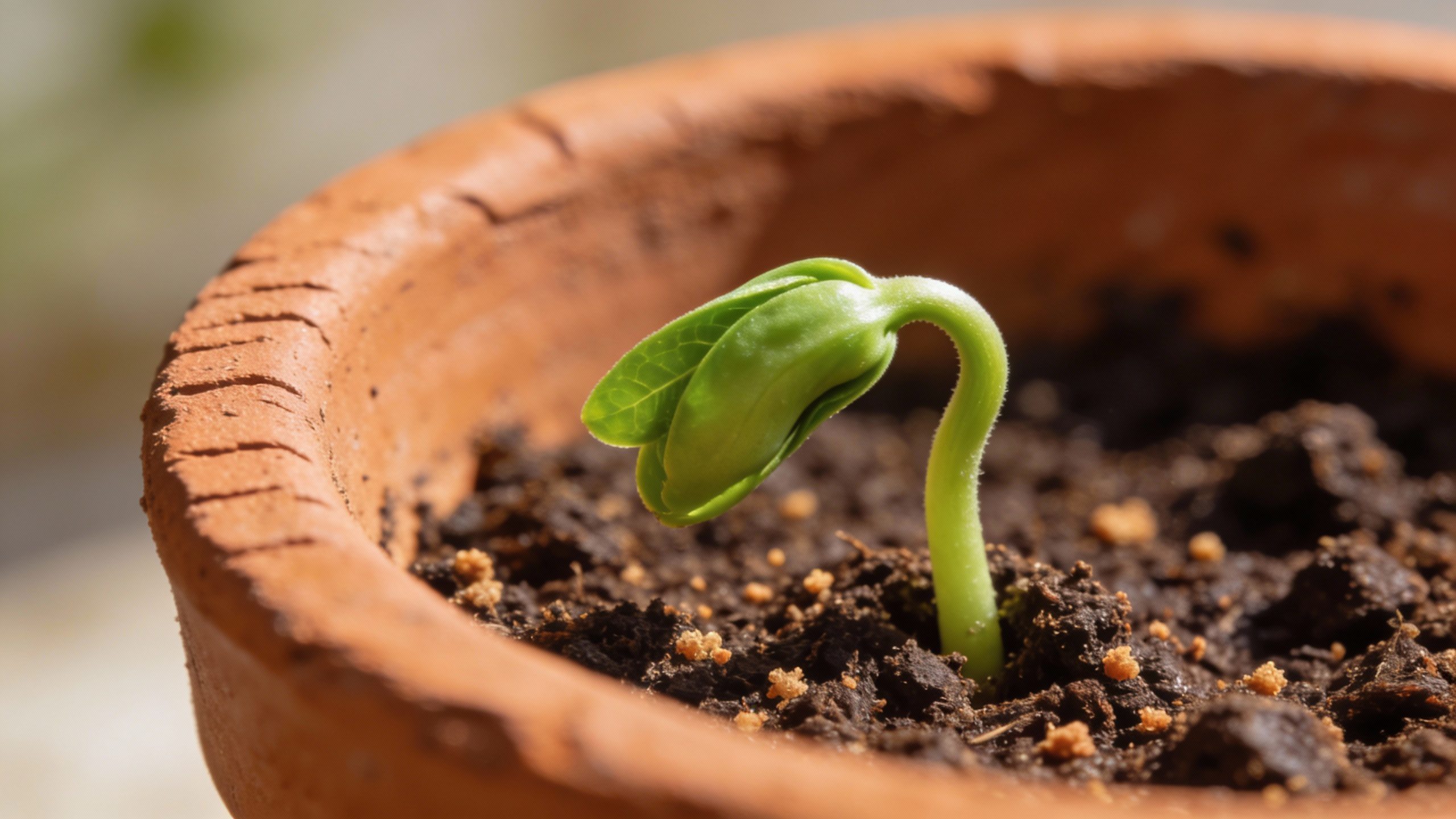 closeup of a green sprouting plant in terracotta pot