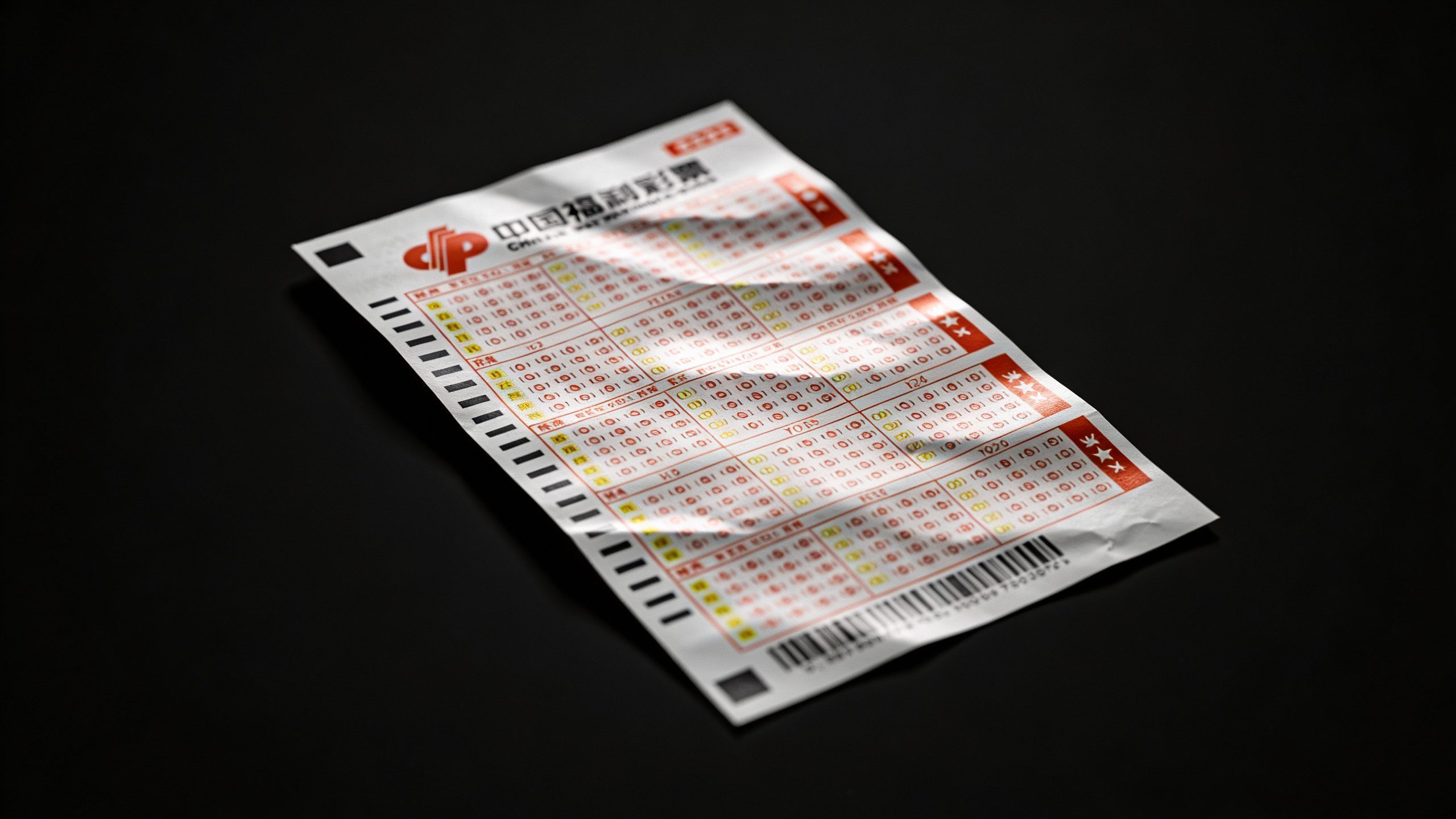 single lottery ticket on black background, dramatic studio lighting