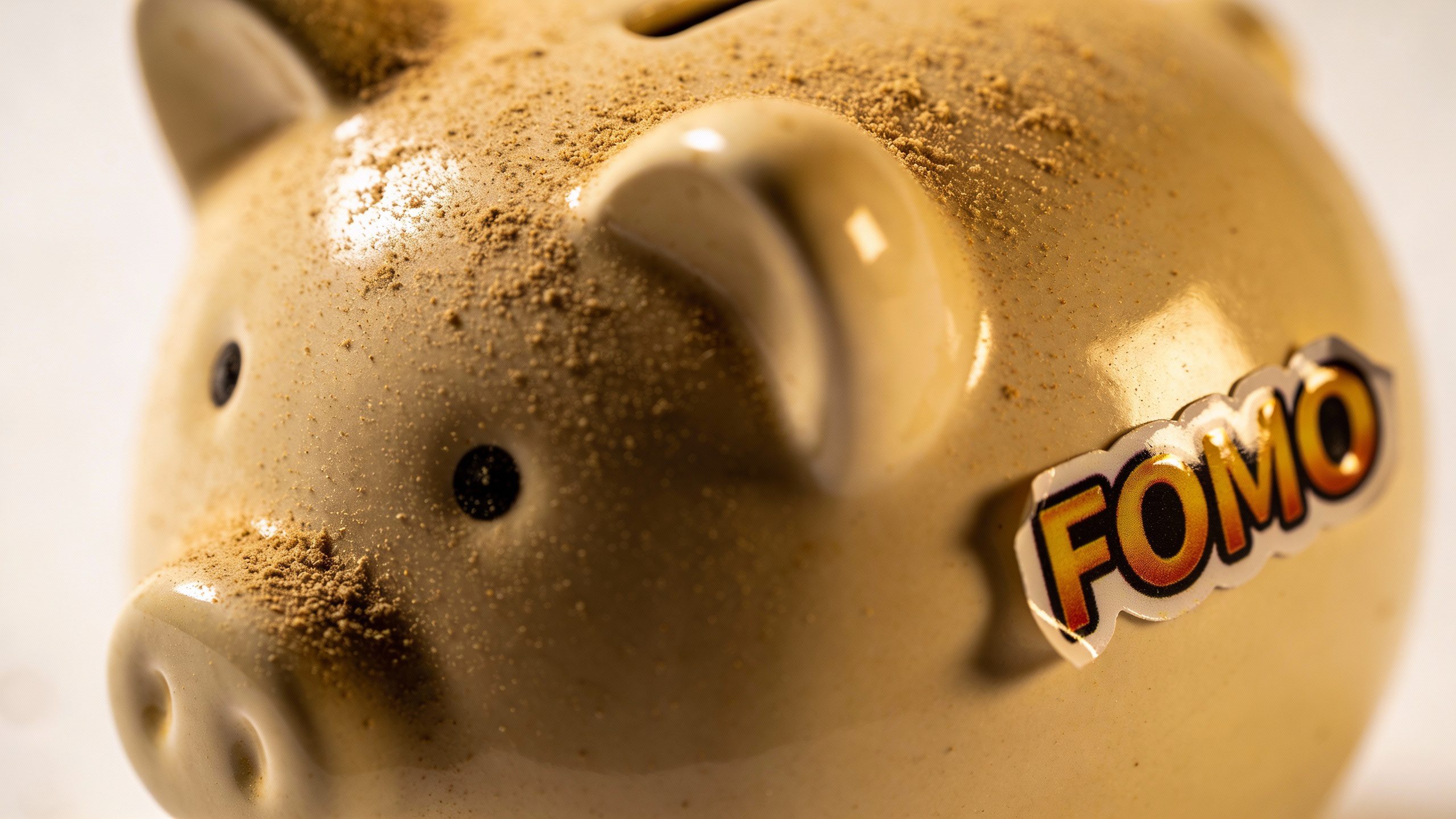 focused shot of a dusty piggy bank wearing FOMO sticker
