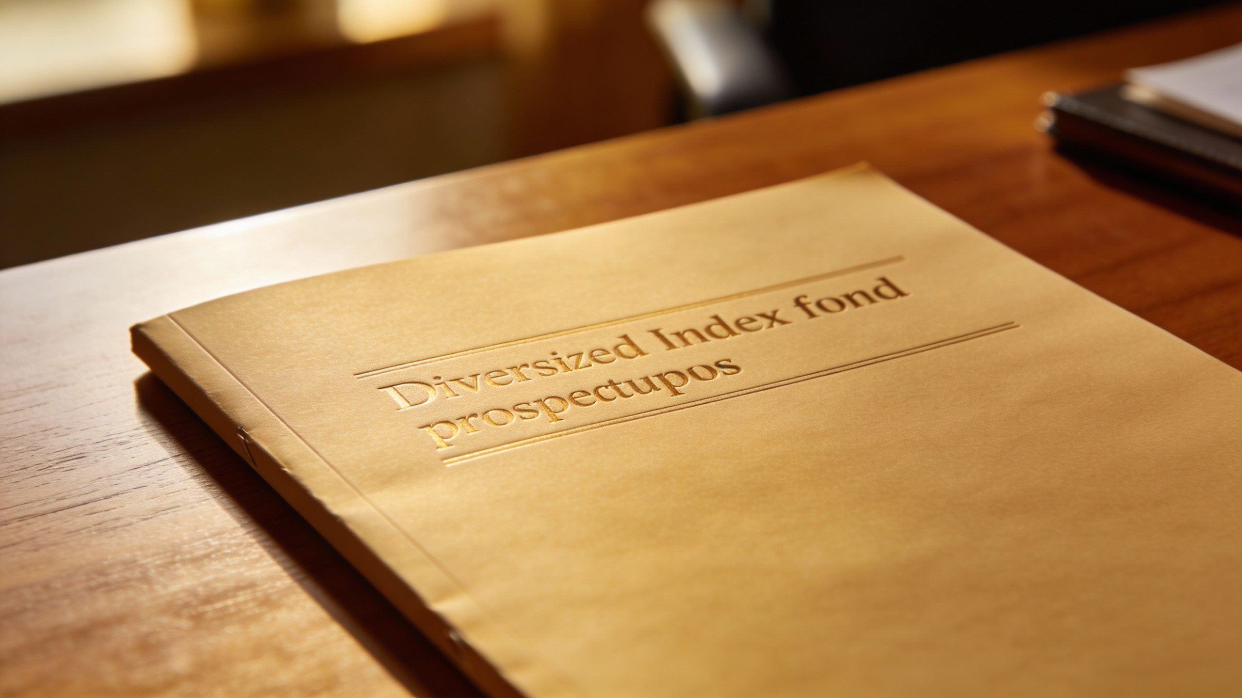 closeup of diversified index fund prospectus cover on wooden desk