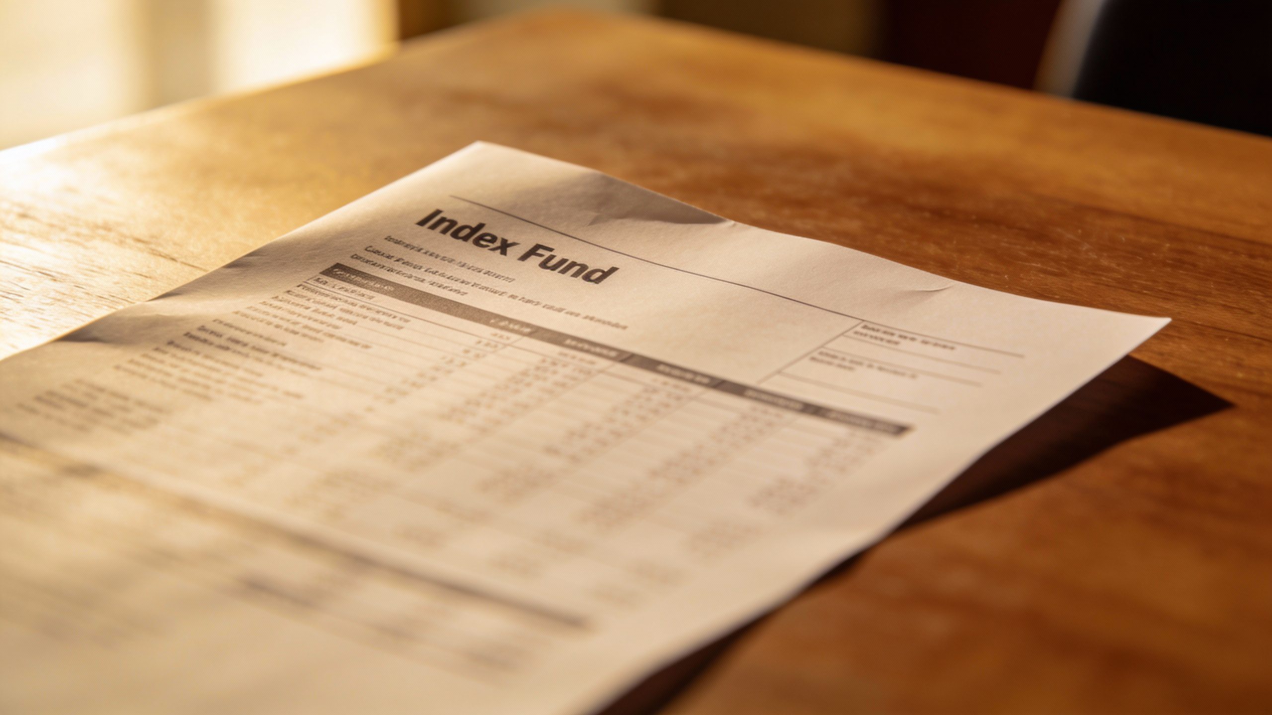 closeup of a single index fund statement on wooden desk