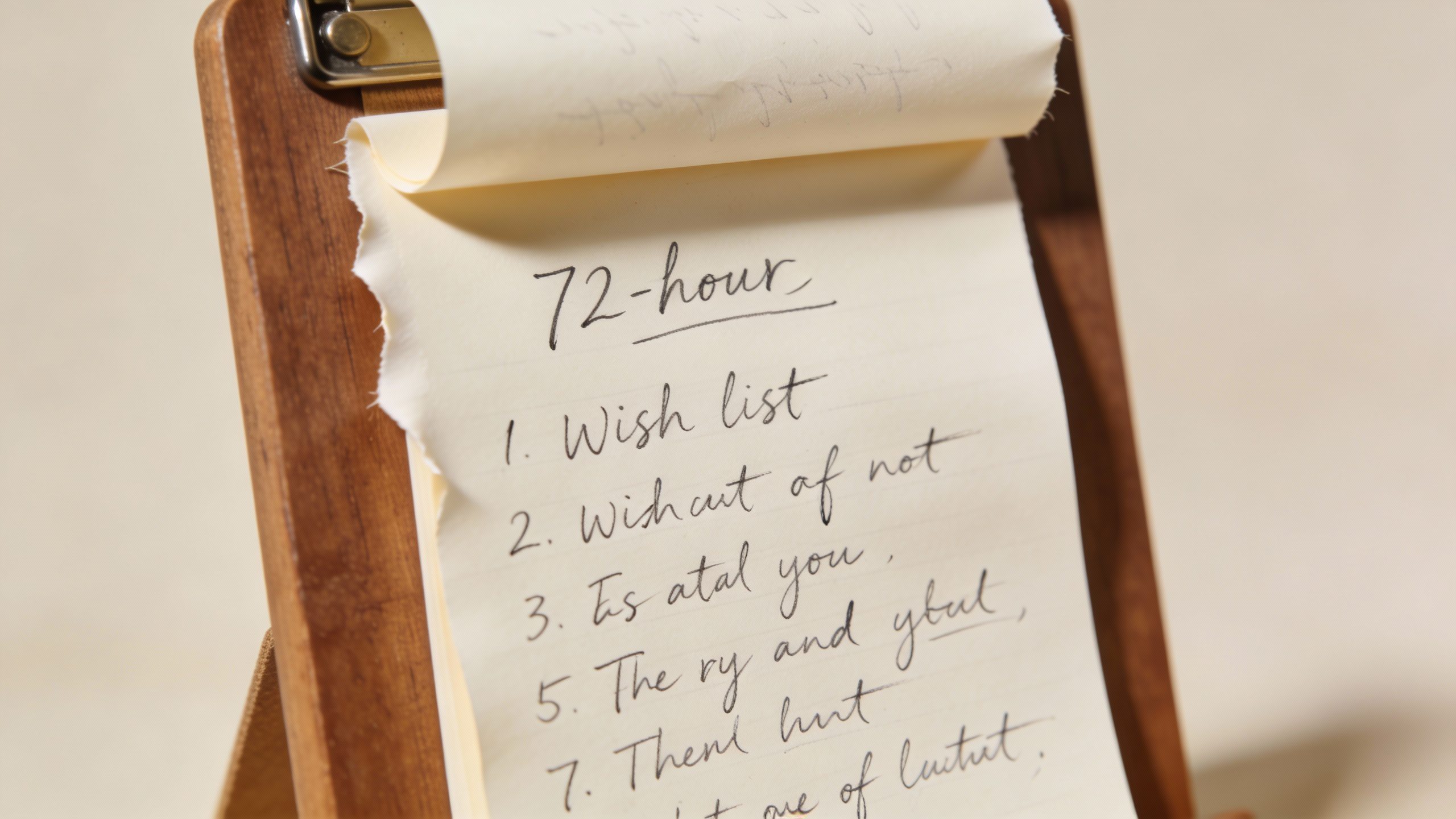 handwritten 72-hour wish list note on clipboard, closeup