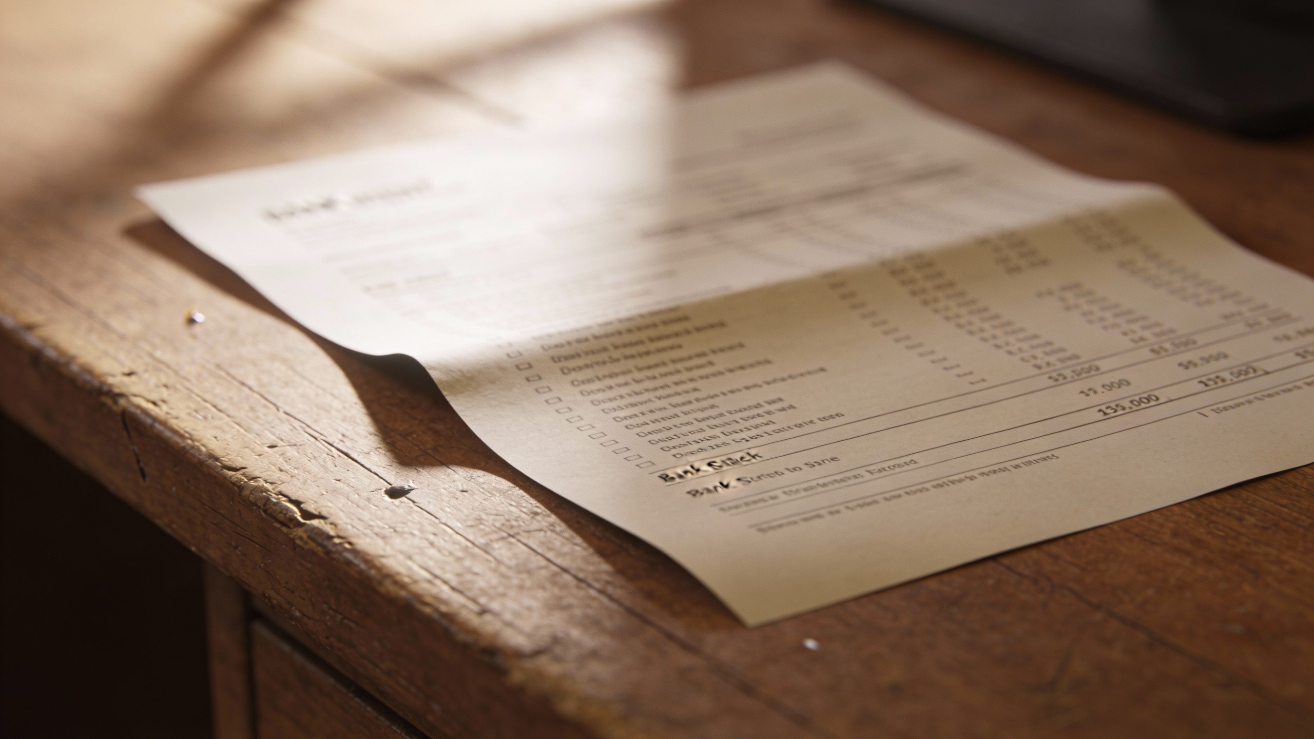 Closeup of a printed bank statement page on wood desk