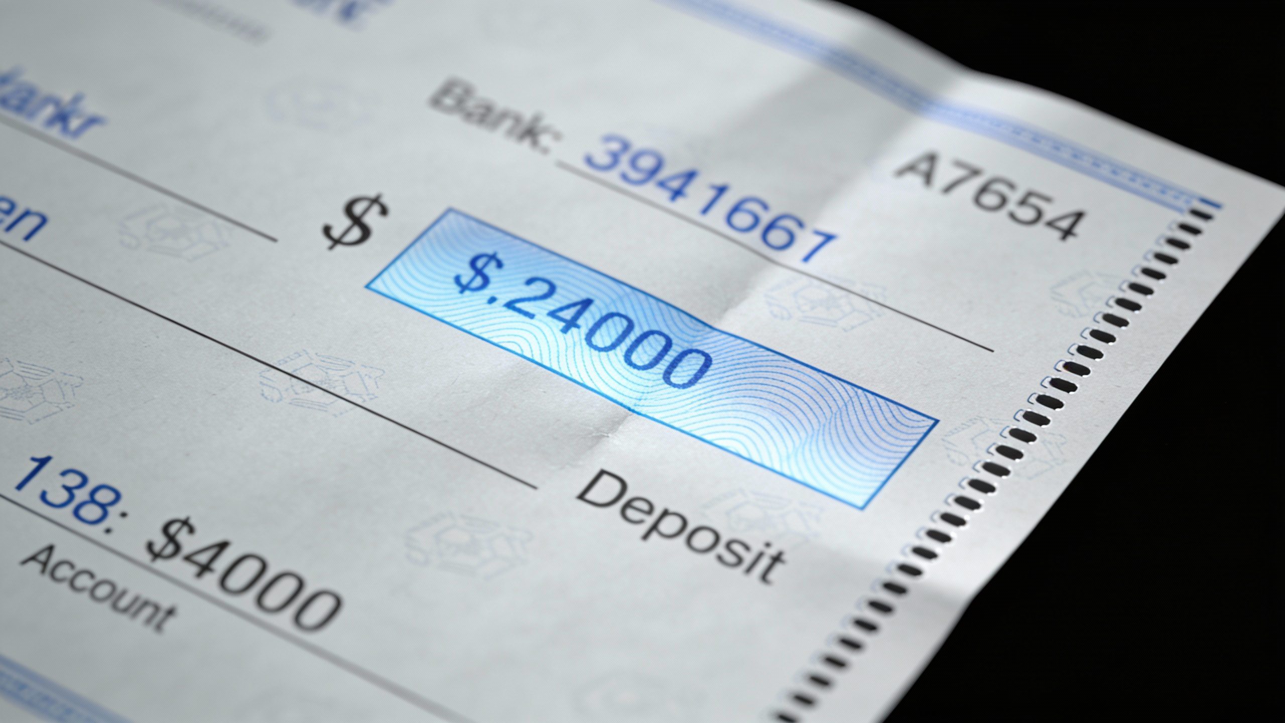 **Single paycheck stub with direct deposit details highlighted**