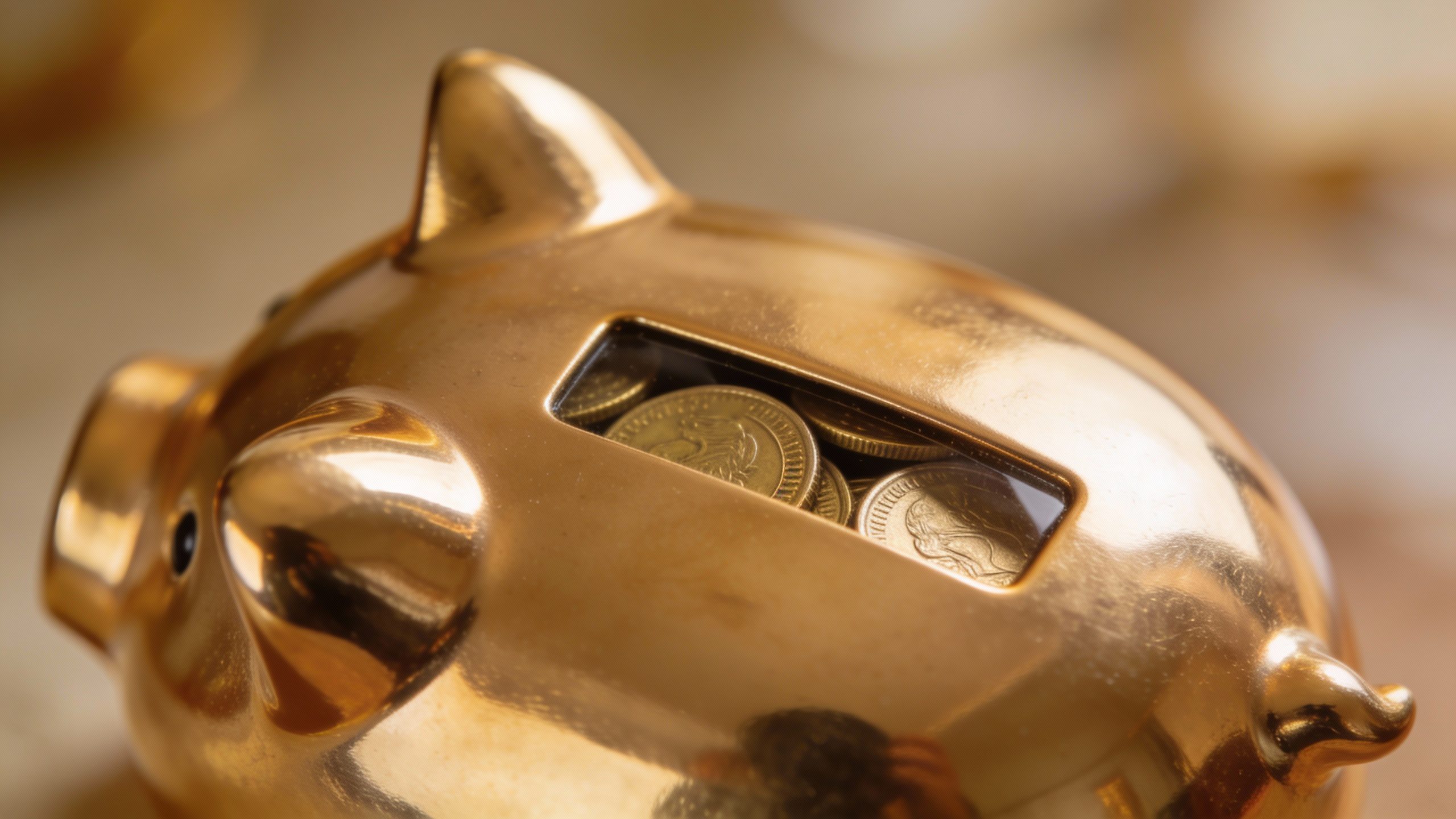 **Closeup of a sleek piggy bank with coins inside**