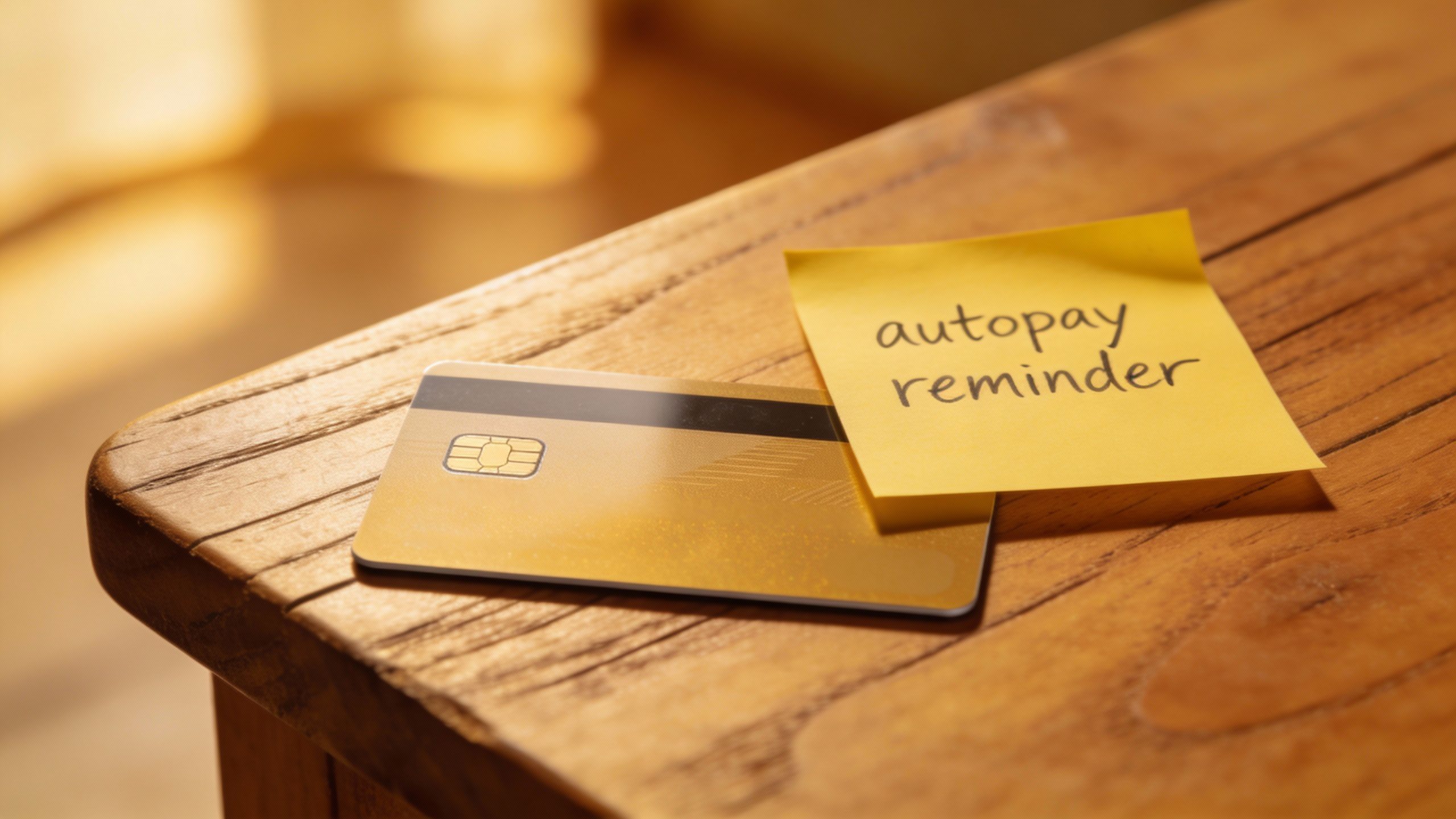 **Single credit card on a wooden table with autopay reminder sticky note**