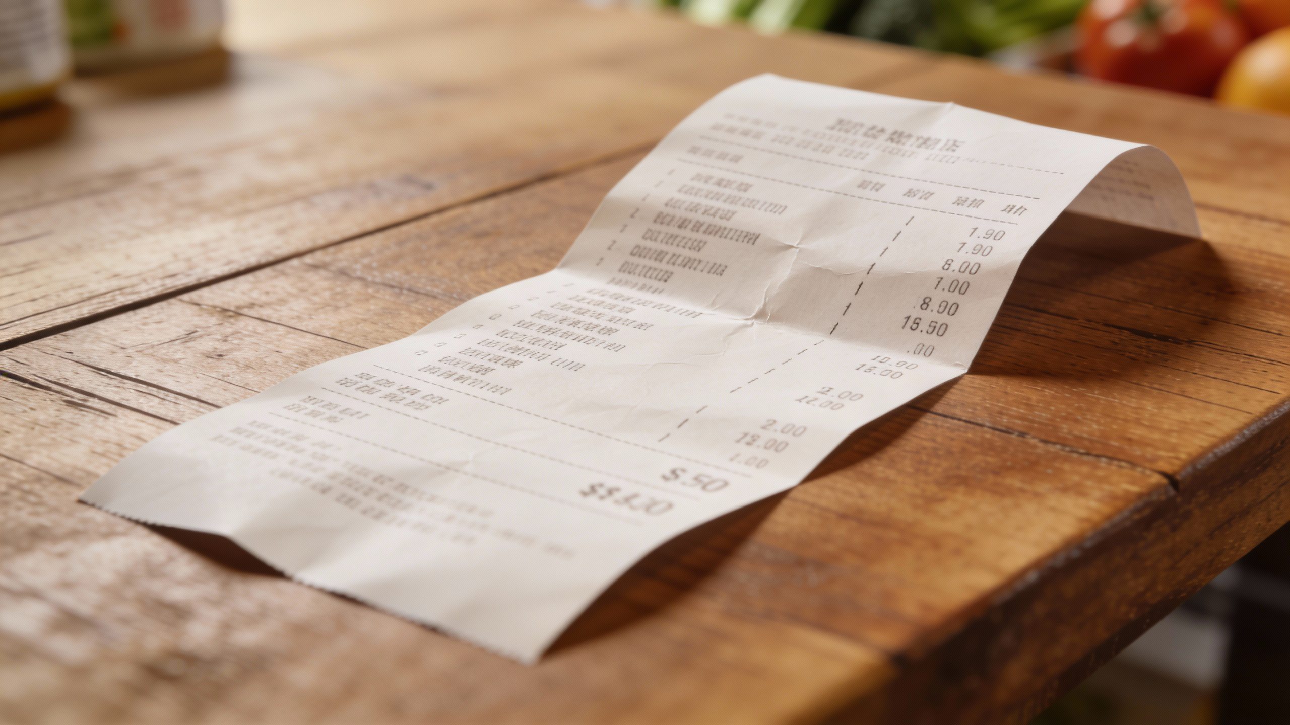 **Fresh grocery receipt on a wooden table**
