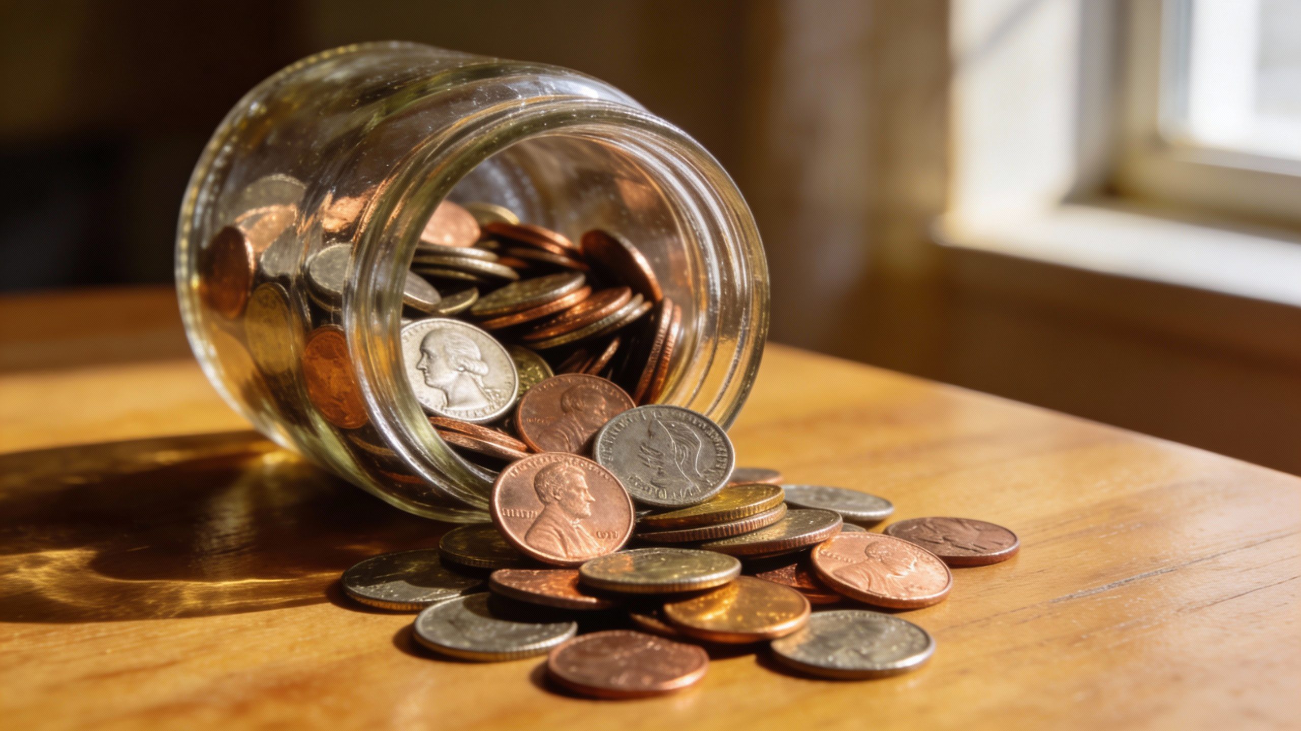 **Pile of loose change in a glass jar**  Each prompt focuses on a single, clear subject relevant to saving money while living paycheck to paycheck. Let me know if you'd like any refinements!