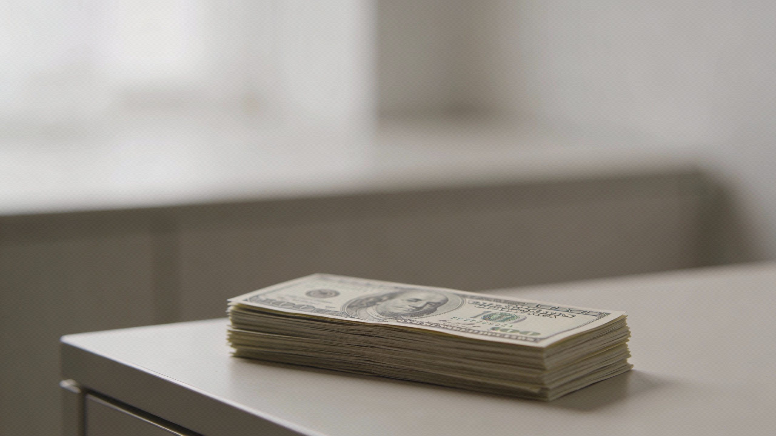 **Single stack of crisp dollar bills on a minimalist desk**