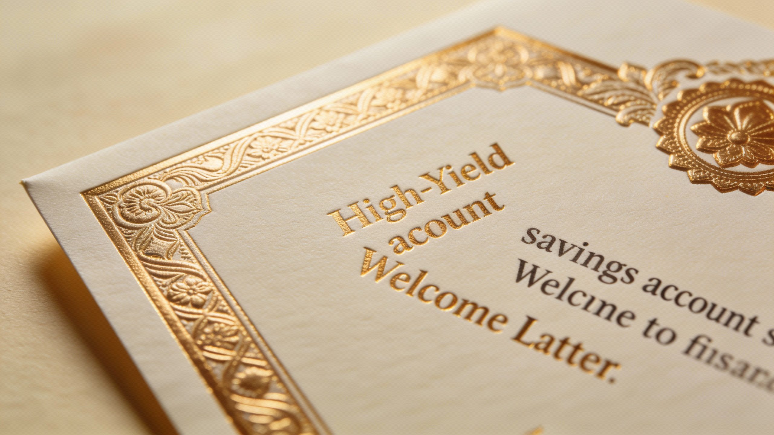 **Closeup of a high-yield savings account welcome letter with gold foil details**