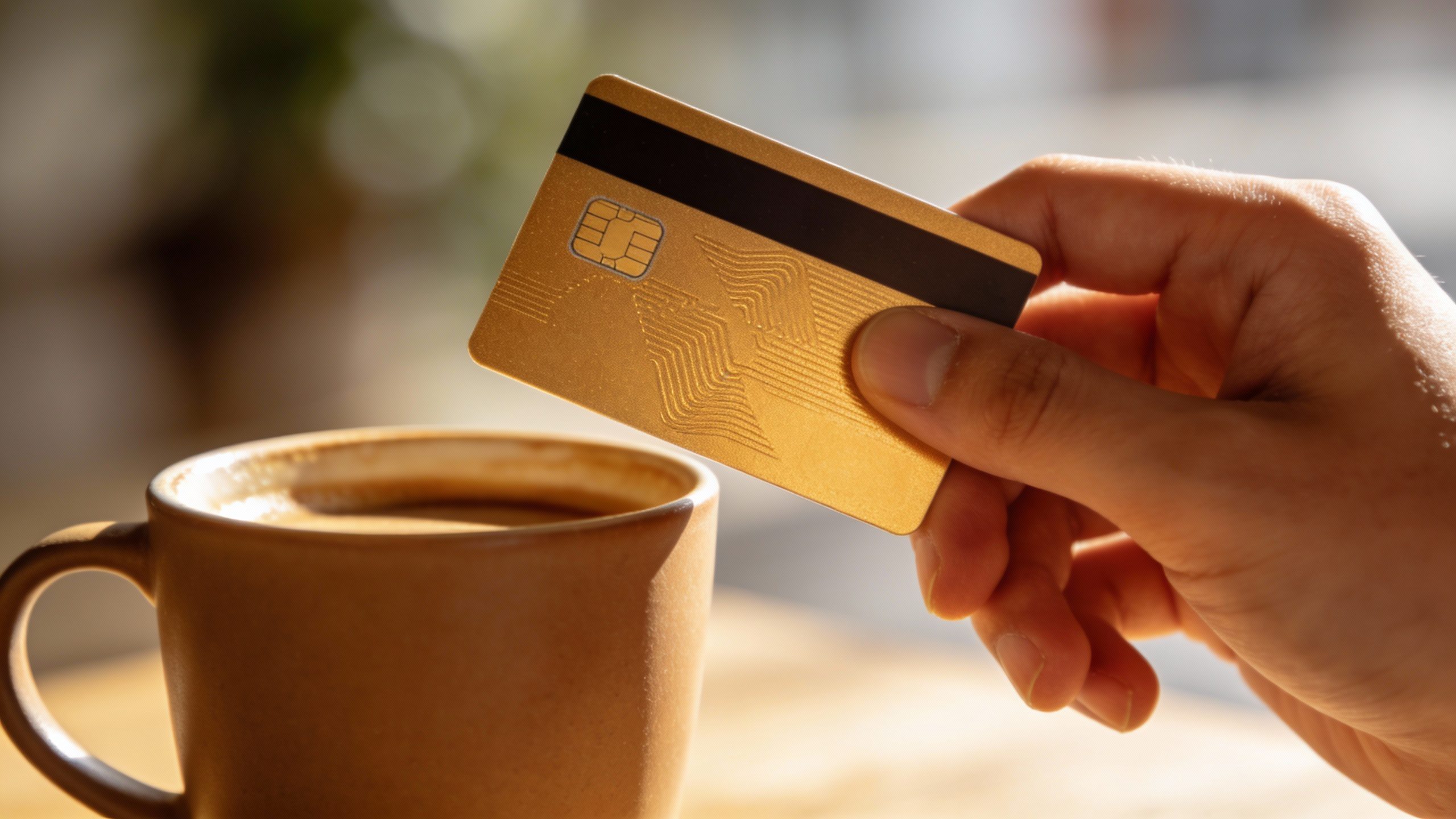 **Hand holding a single debit card near a coffee cup (blurred background)**