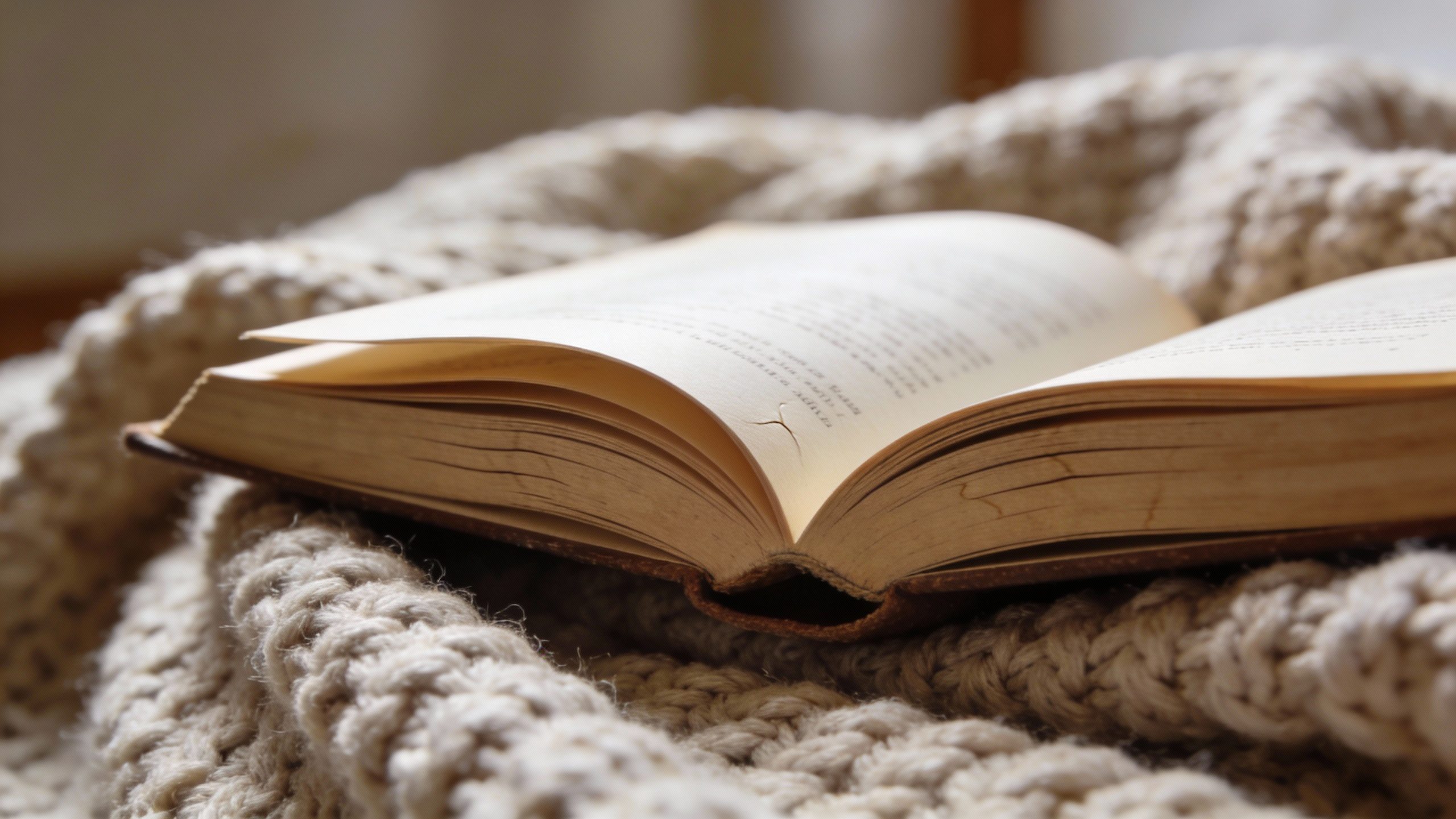 **Closeup of an open library book on a cozy blanket**