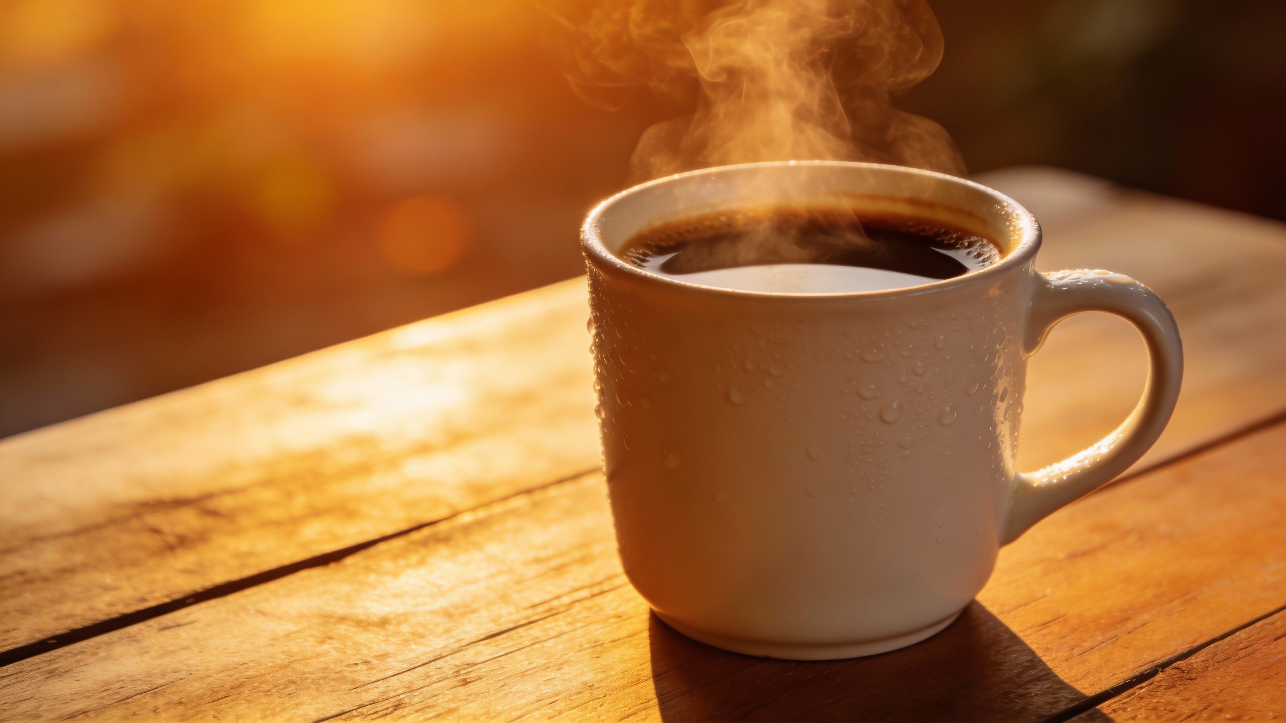 **Freshly brewed coffee in a white mug at sunrise**