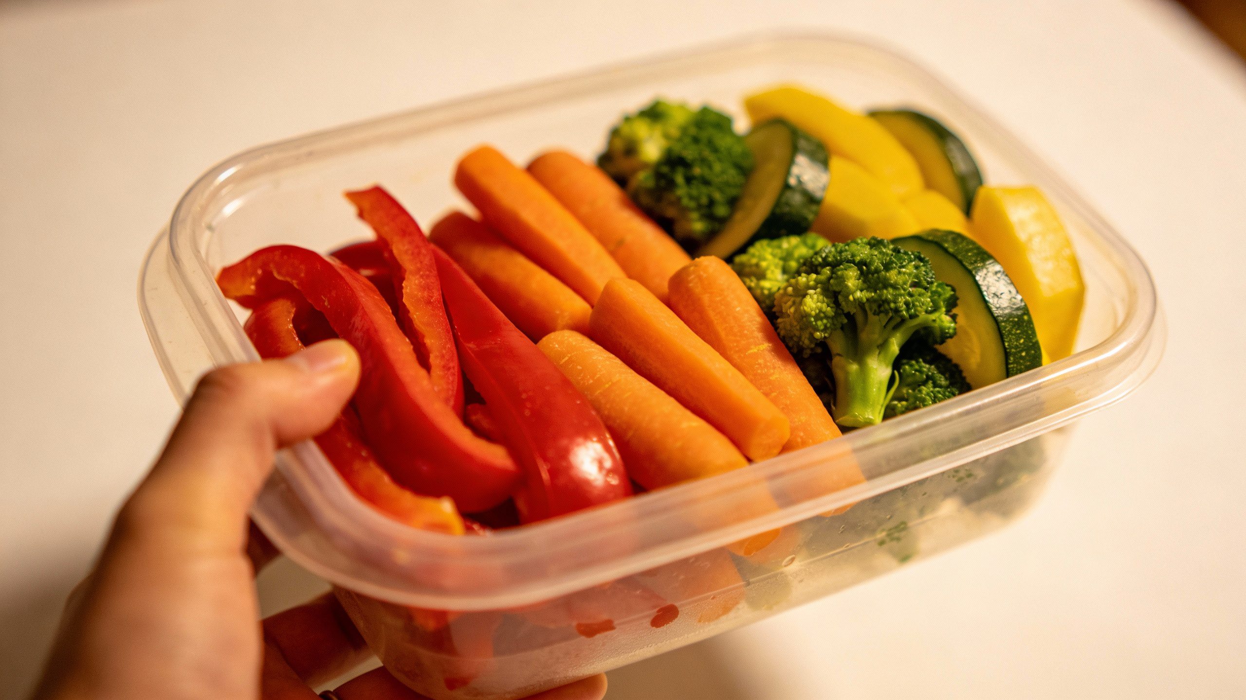 **Hand holding a meal prep container with colorful vegetables**