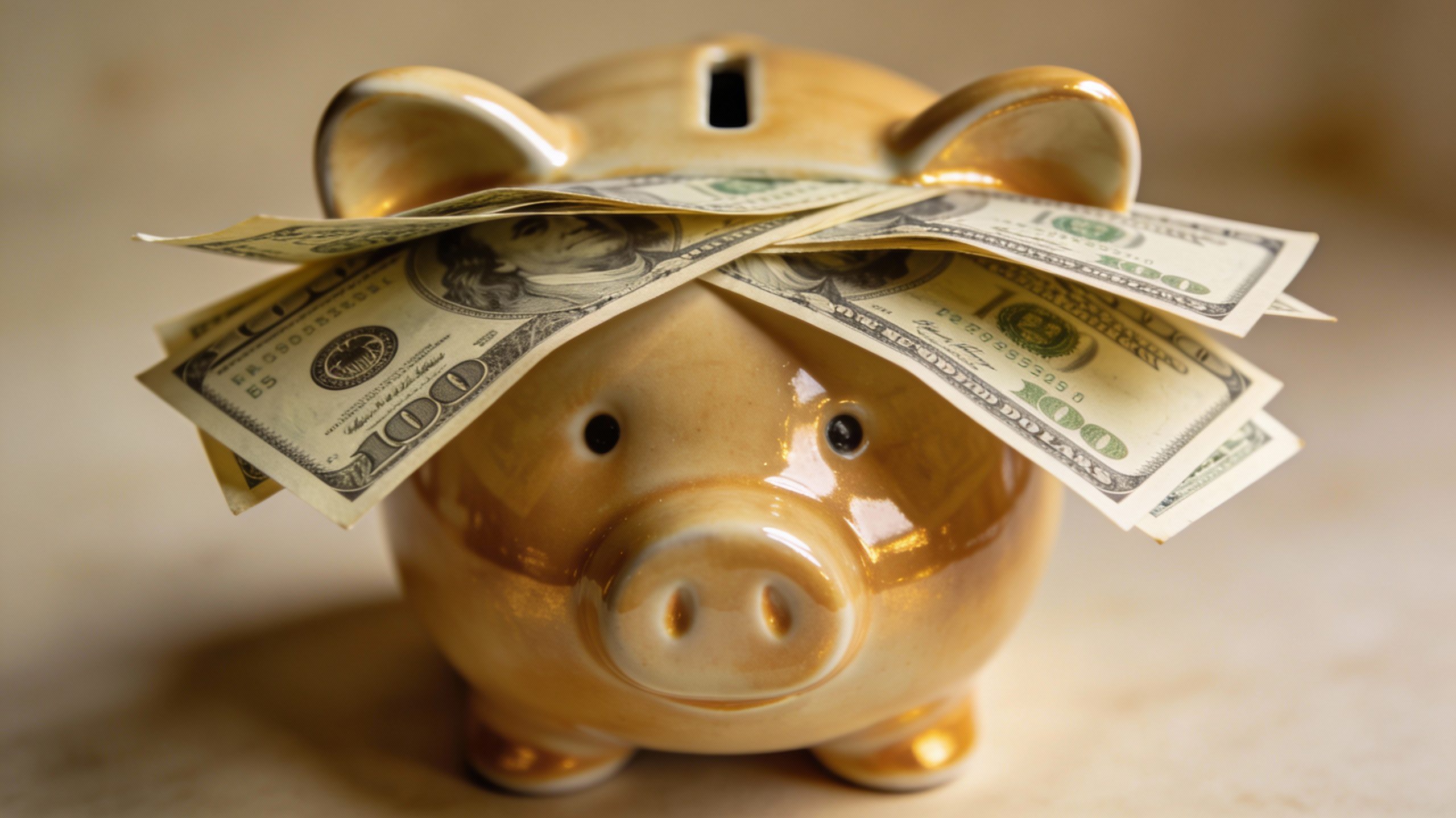 **Closeup of a piggy bank with dollar bills spilling out**