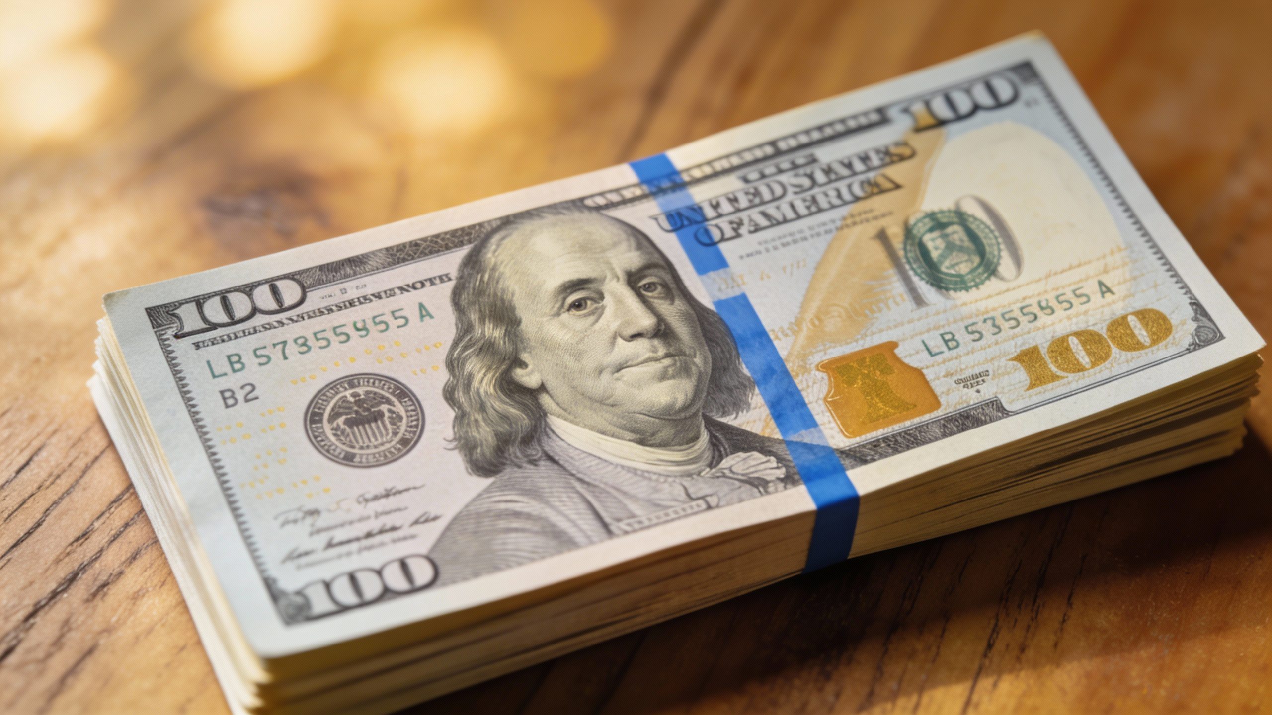 **Neat stack of crisp $100 bills on a wooden table**